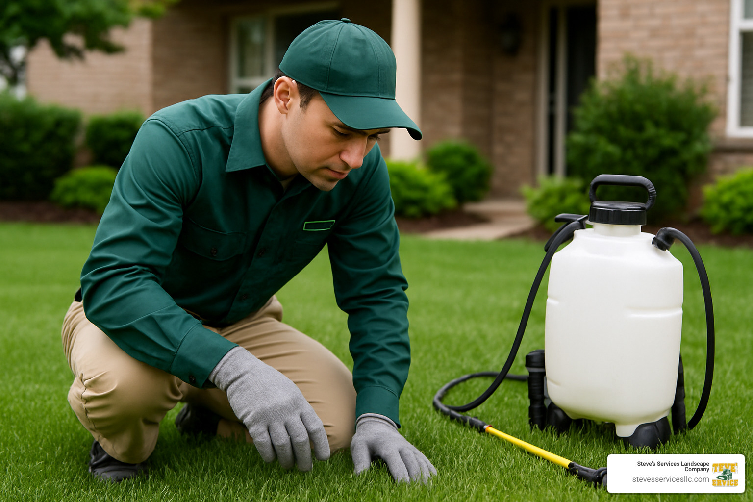 lawn technician inspecting grass - Everett lawn pest control
