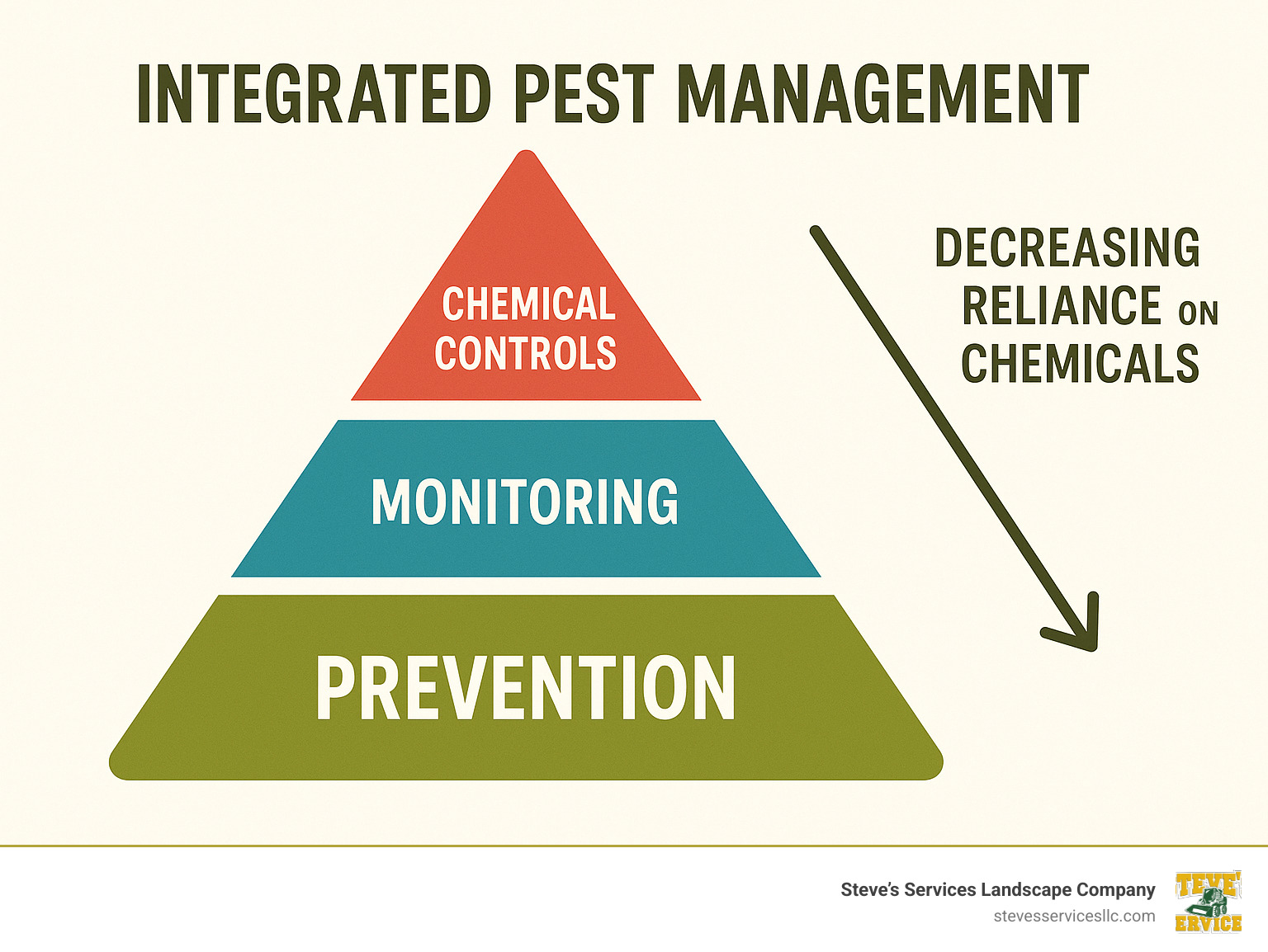 Integrated Pest Management pyramid showing prevention at base, monitoring in middle, and chemical controls at top with decreasing reliance on chemicals as you move down the pyramid - Everett lawn pest control infographic 