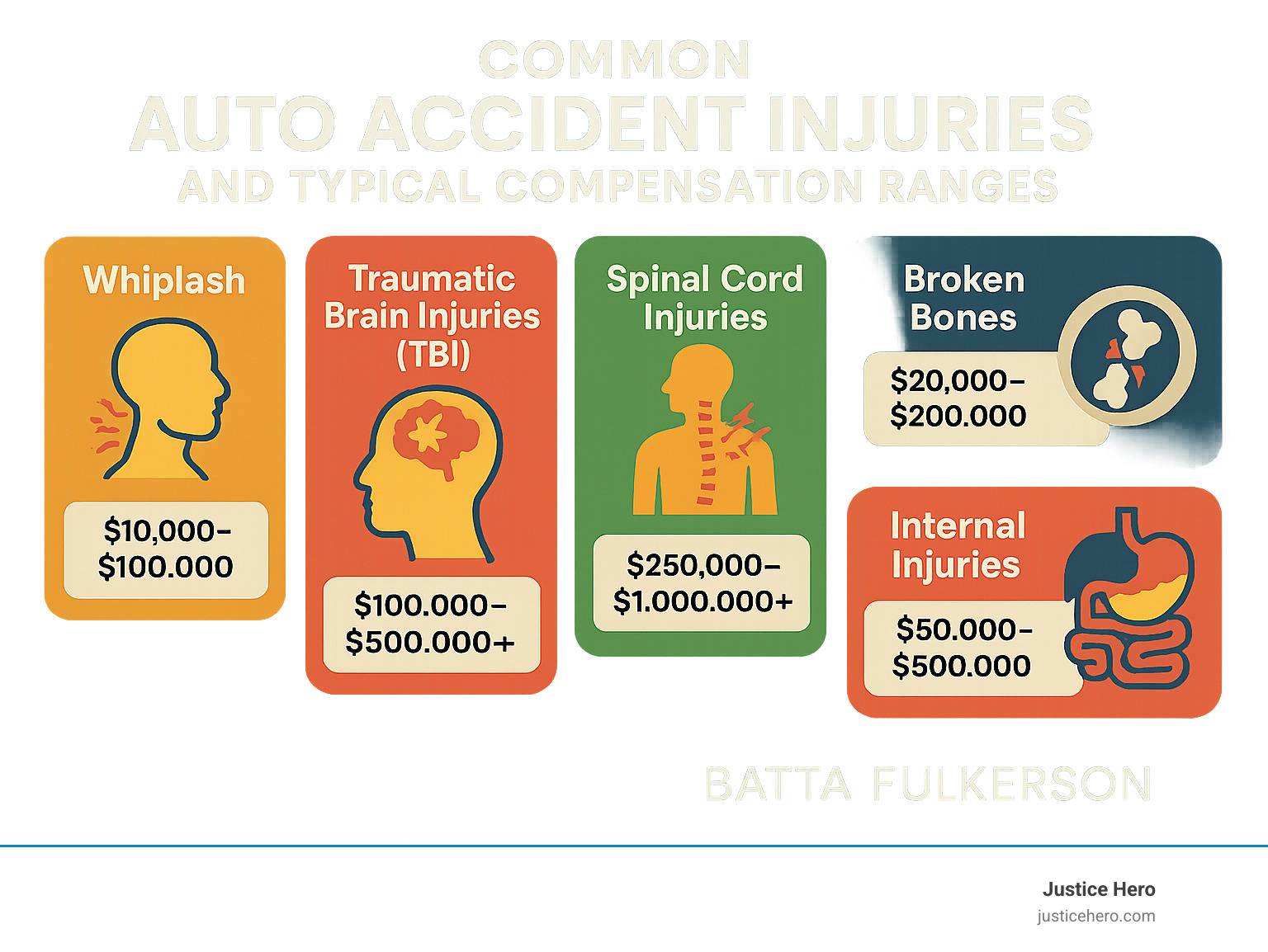 Infographic showing common auto accident injuries and typical compensation ranges - auto accident claim lawyer infographic 