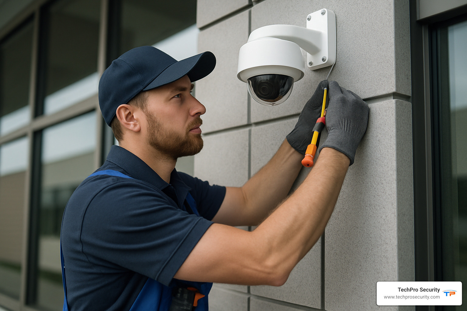 security technician installing a camera system - affordable business security systems
