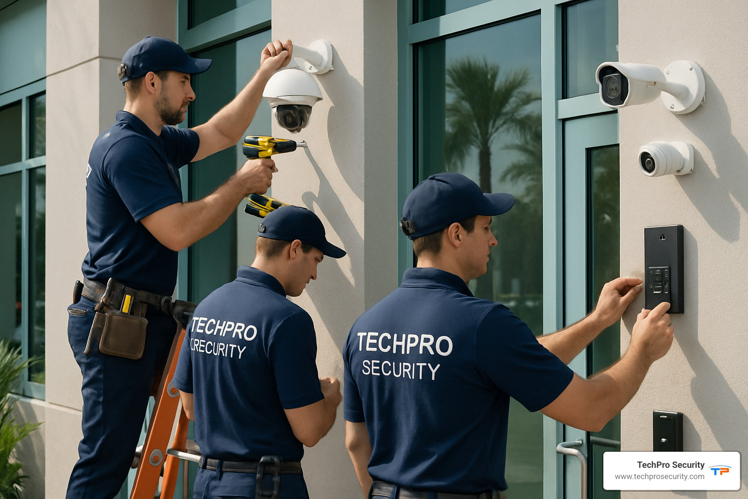 TechPro Security installation team with security equipment - affordable business security systems