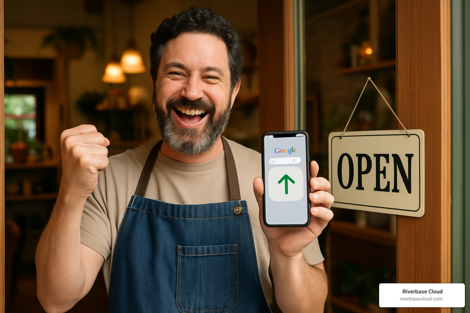 local business owner celebrating improved search rankings - Affordable local SEO services
