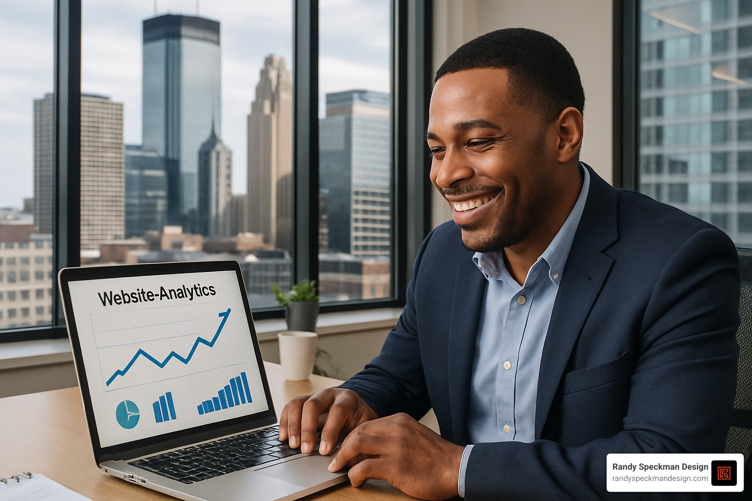 Small business owner reviewing website analytics showing growth - affordable small business website design services minneapolis