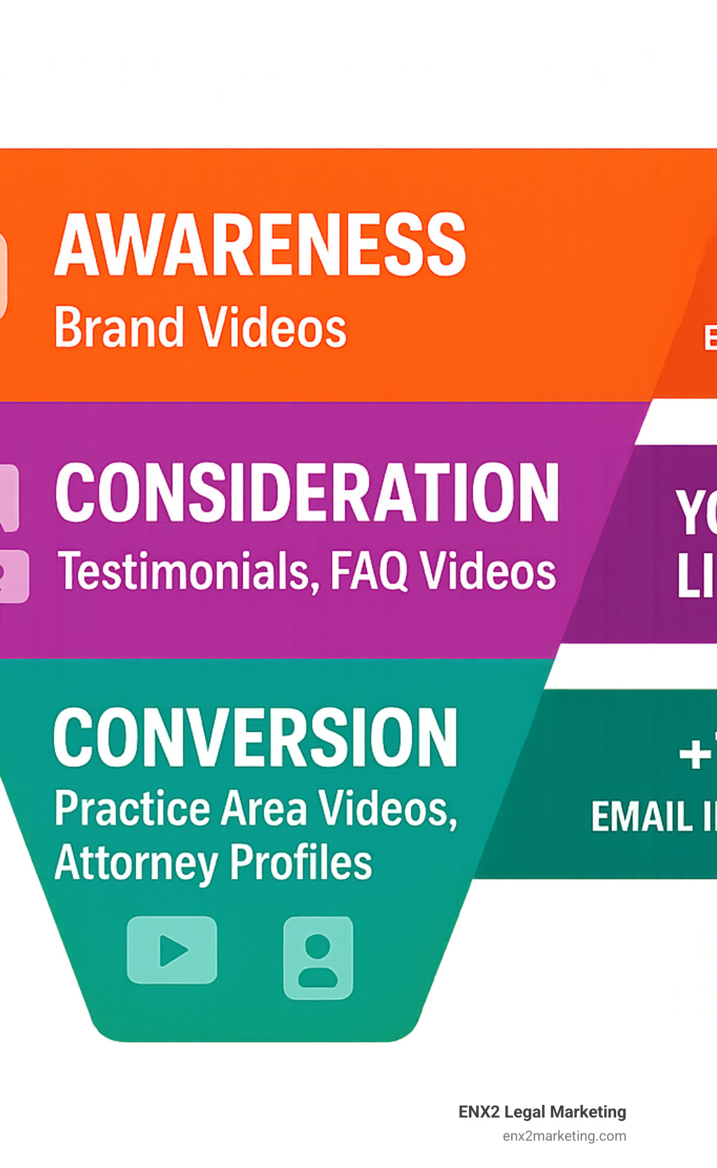 Law firm marketing video funnel showing awareness videos at top (brand videos), consideration in middle (testimonials, FAQ videos), and conversion at bottom (practice area videos, attorney profiles) with corresponding metrics and platforms for each stage - law firm marketing video infographic 