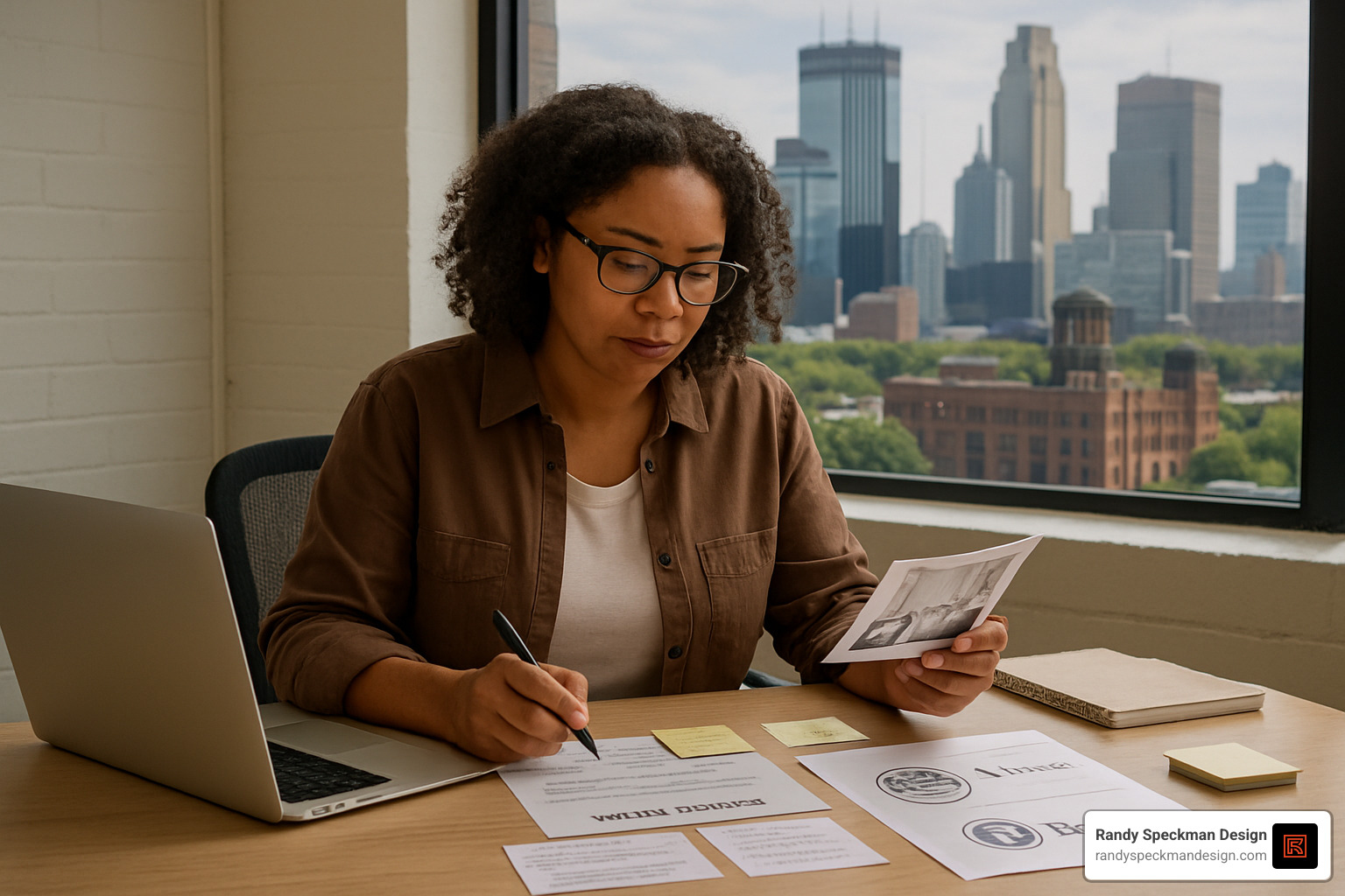 Business owner preparing website content and brand materials - affordable small business website design services minneapolis