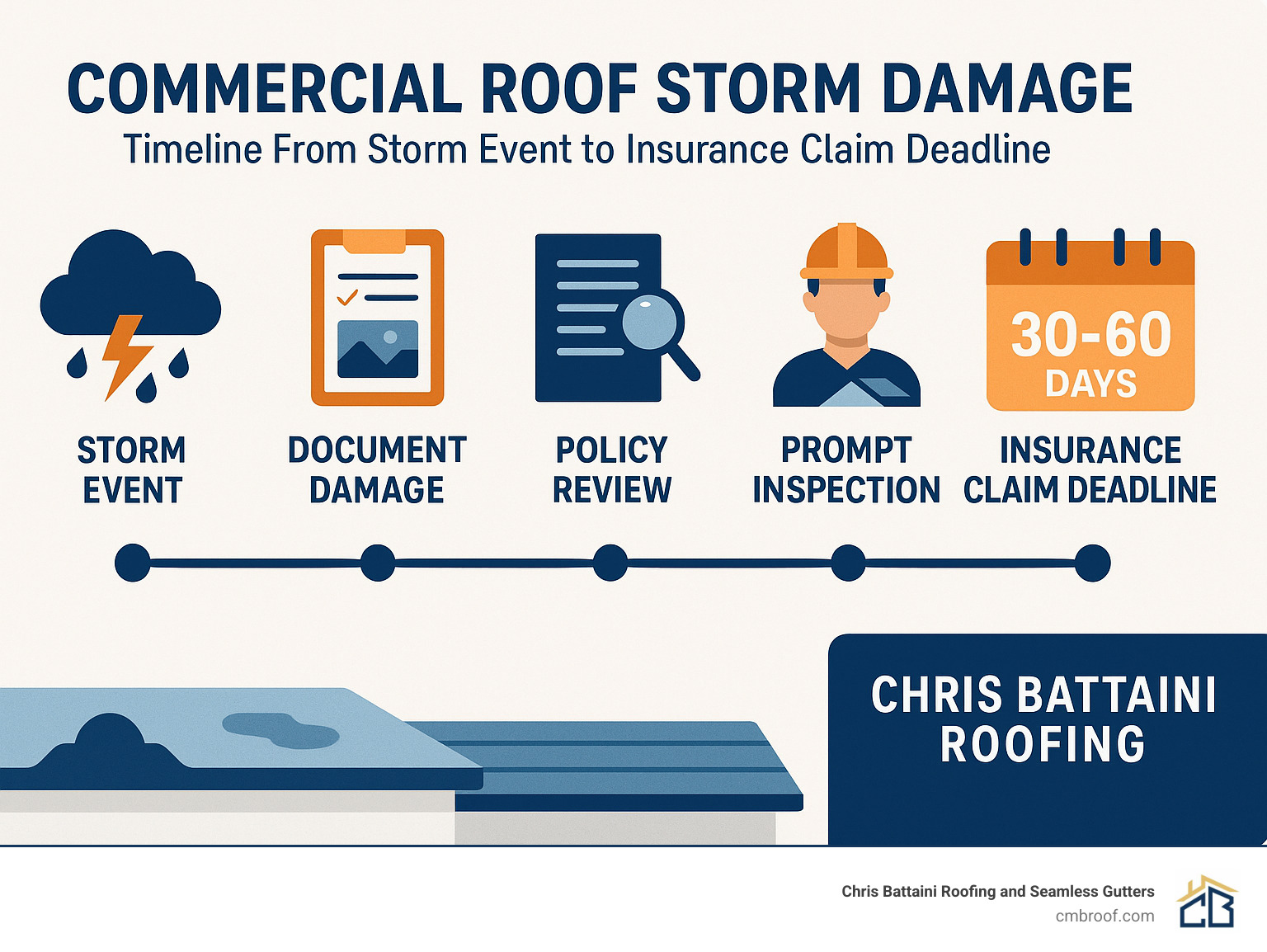Infographic showing timeline from storm event to insurance claim deadline, with key inspection points and documentation requirements - commercial roof storm damage infographic 