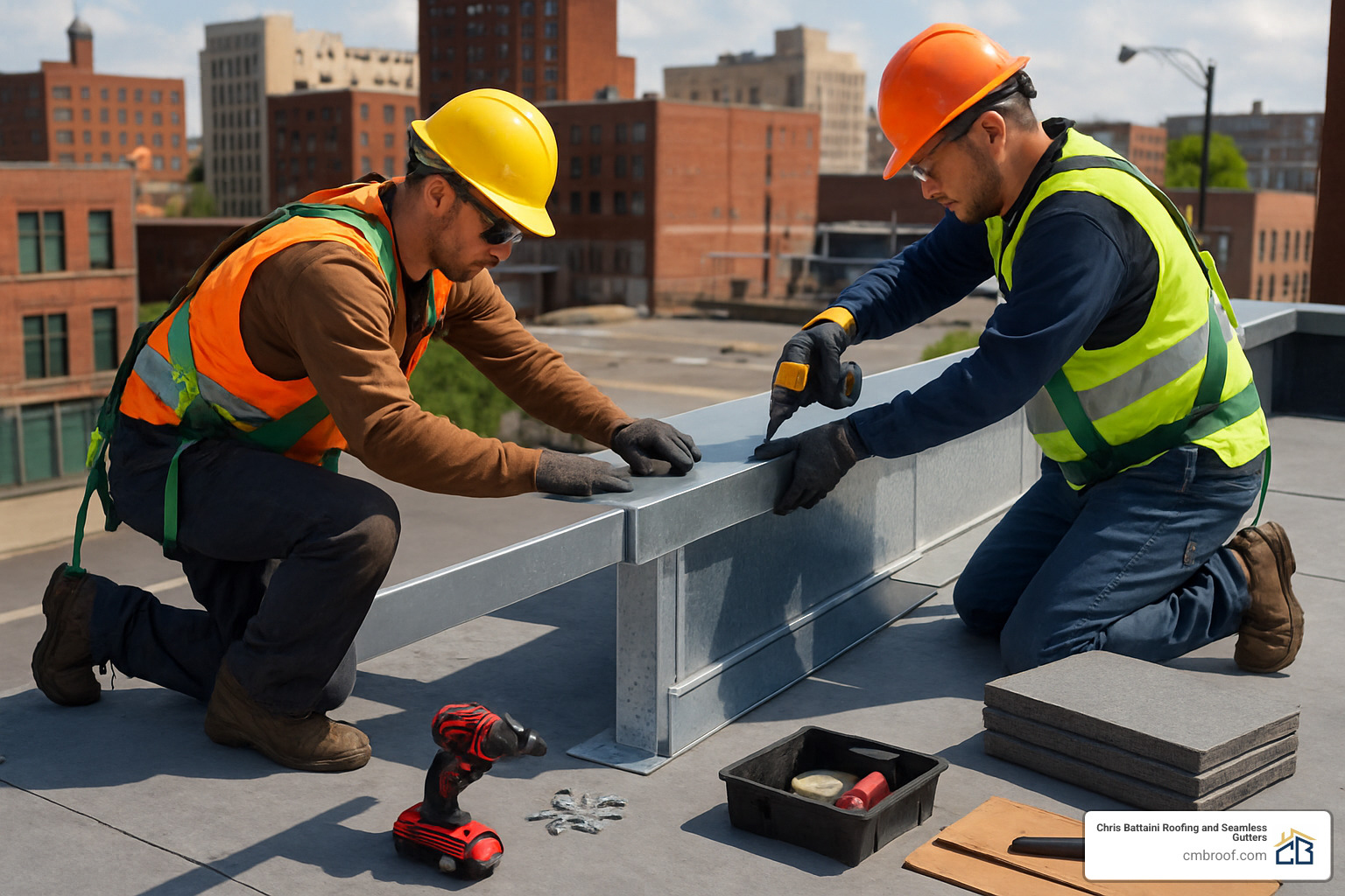 Reinforced parapet edge metal installation on commercial roof - commercial roof storm damage
