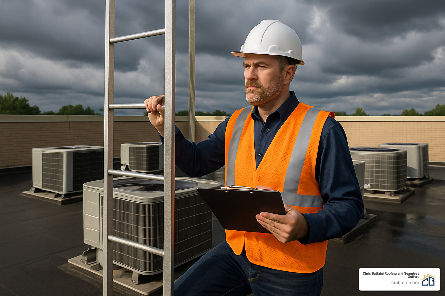Facility manager with clipboard on rooftop access ladder - commercial roof storm damage