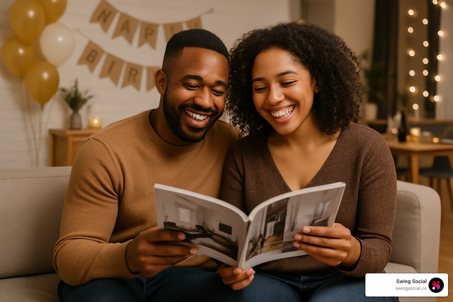 couple reading magazine together at lifestyle event - Swinger lifestyle magazine