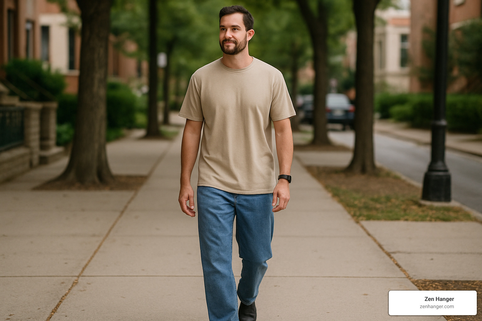 man confidently walking in loose clothing while wearing a discreet device - discreet penis enlargement