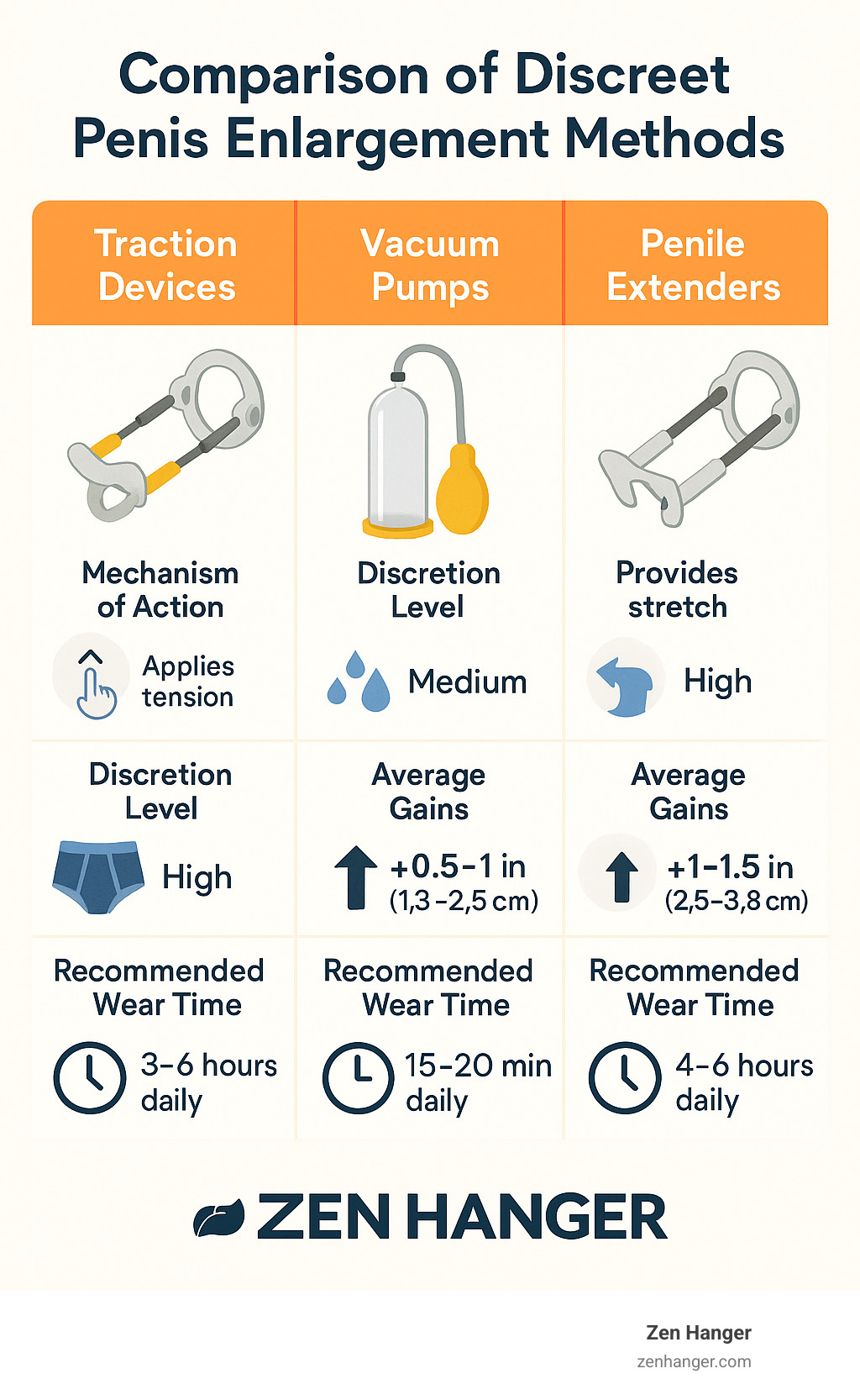 Comparison of discreet penis enlargement methods showing traction devices, vacuum pumps, and penile extenders with their mechanism of action, discretion level, average gains, and recommended wear time - discreet penis enlargement infographic