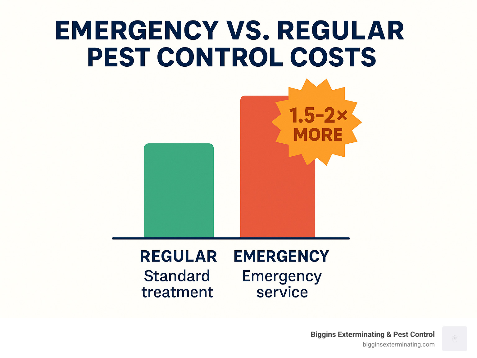Comparison of average emergency vs. regular pest control costs showing emergency services costing 1.5-2x more than standard treatments - emergency exterminator near me infographic 