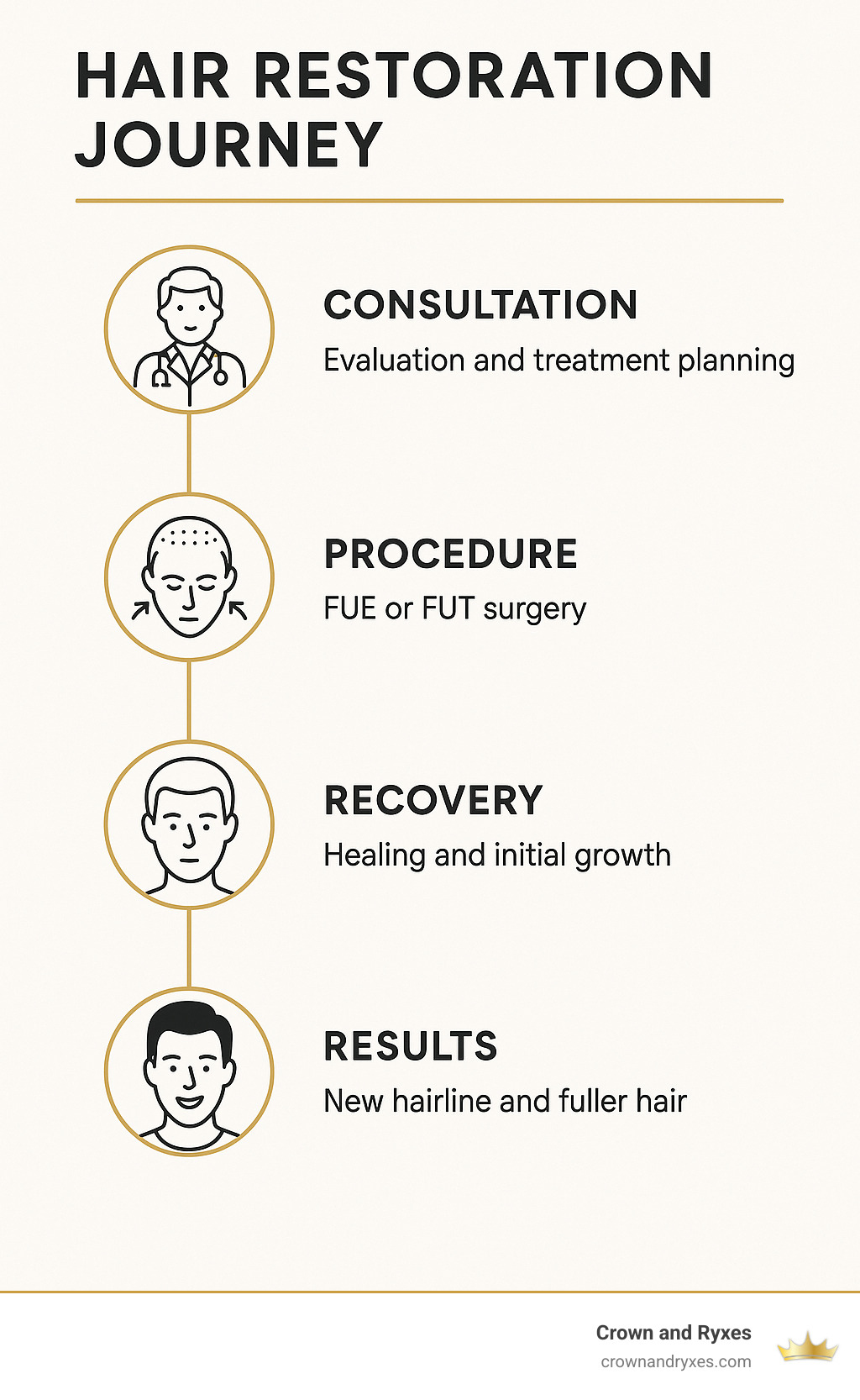 Hair restoration journey from consultation to results showing timeline, procedure types, and recovery milestones - hair restoration surgery near me infographic
