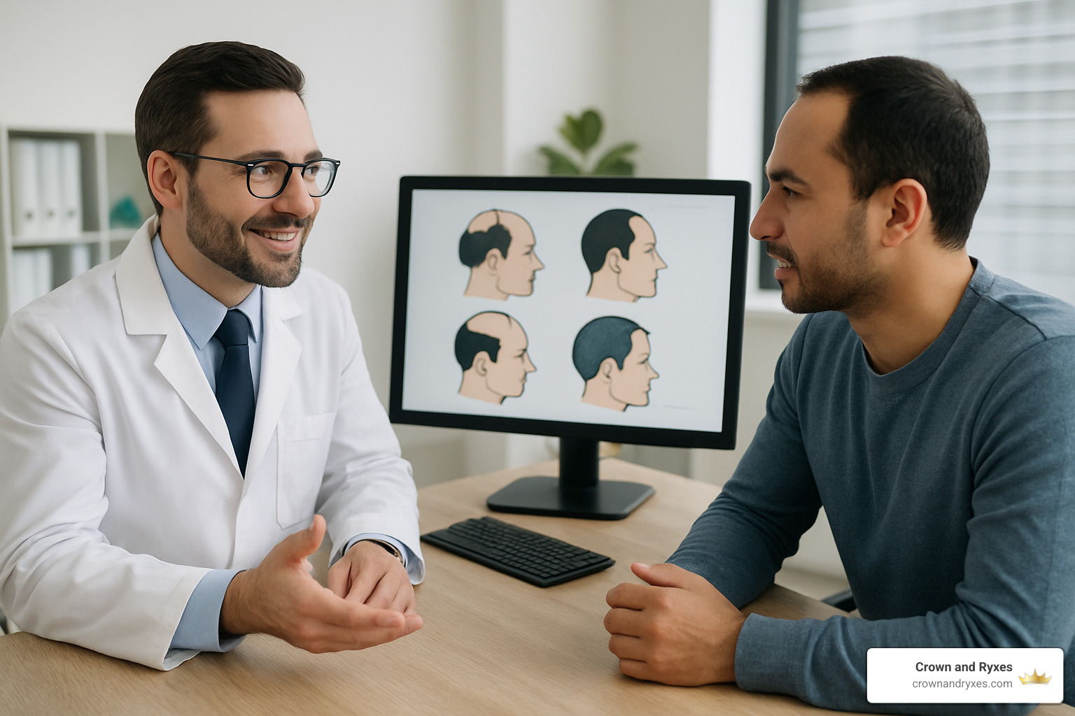 doctor consulting with patient about hair restoration options - hair restoration surgery near me