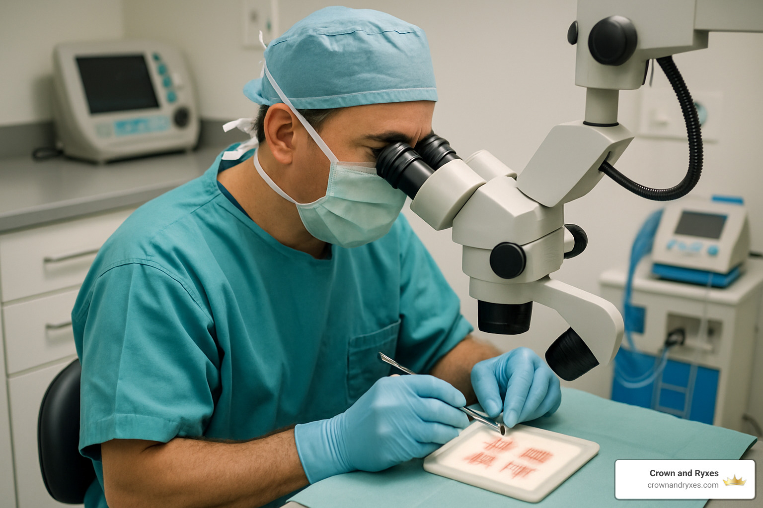 surgeon using microscope for hair graft preparation - hair restoration surgery near me