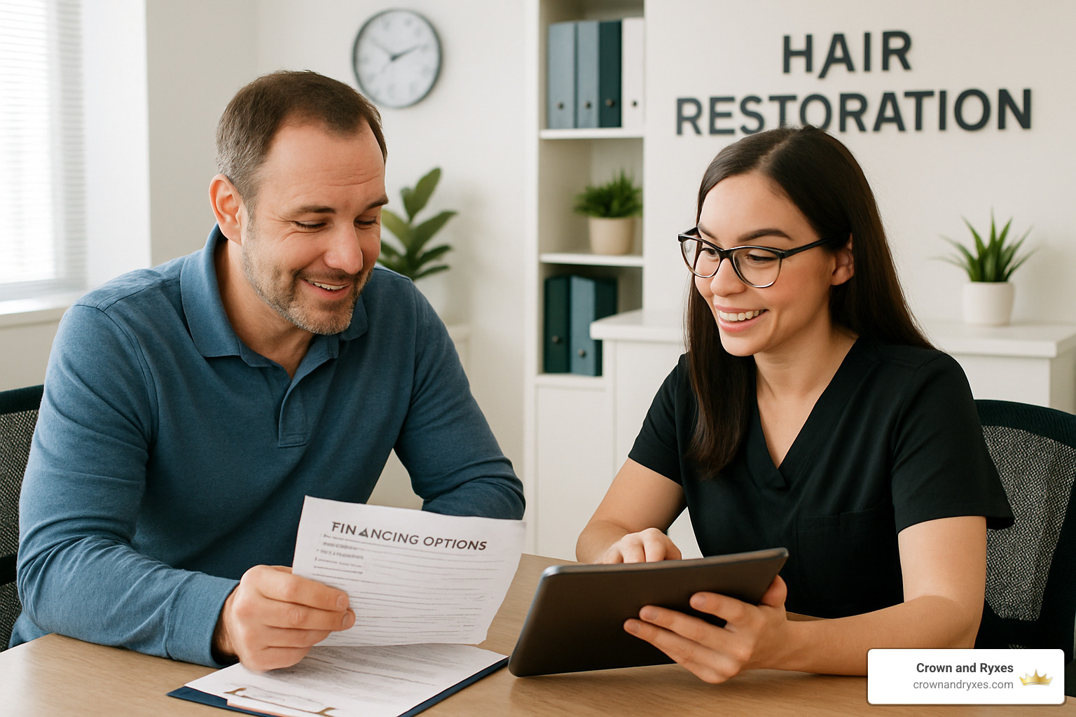 patient discussing financing options with clinic staff - hair restoration surgery near me