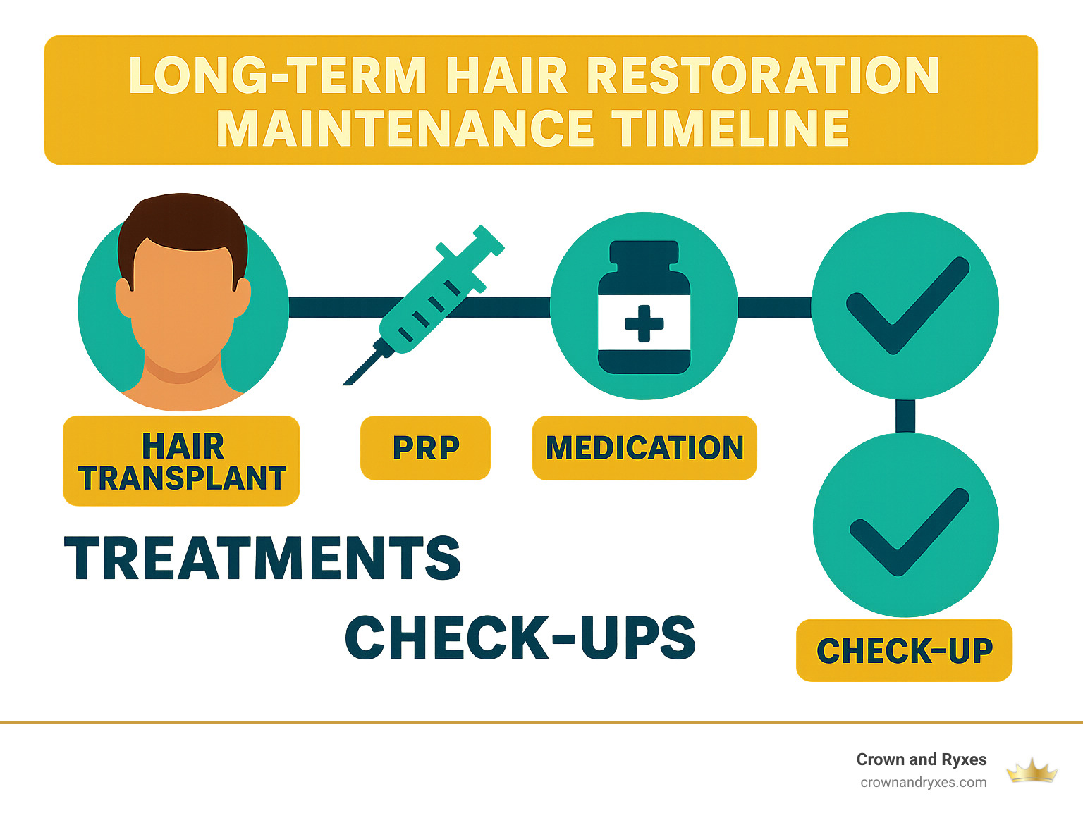 Long-term hair restoration maintenance timeline showing treatments and check-ups - hair restoration surgery near me infographic