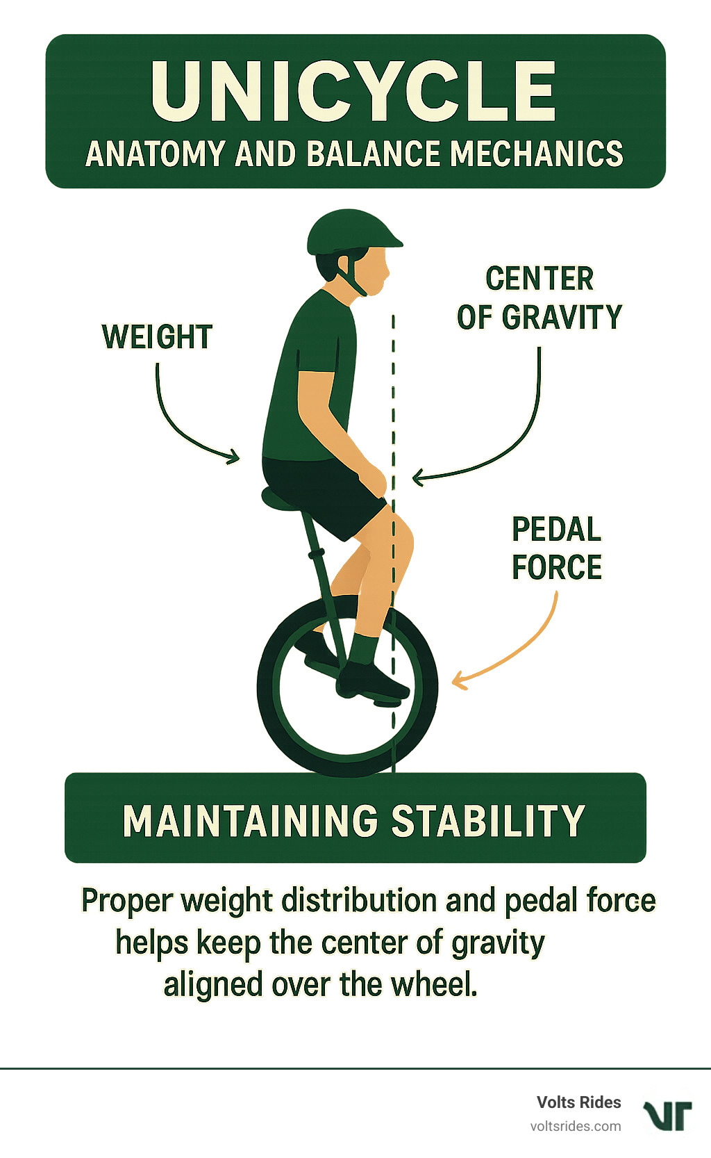 Unicycle anatomy and balance mechanics showing weight distribution, pedal force, and center of gravity for maintaining stability - unicycle infographic 