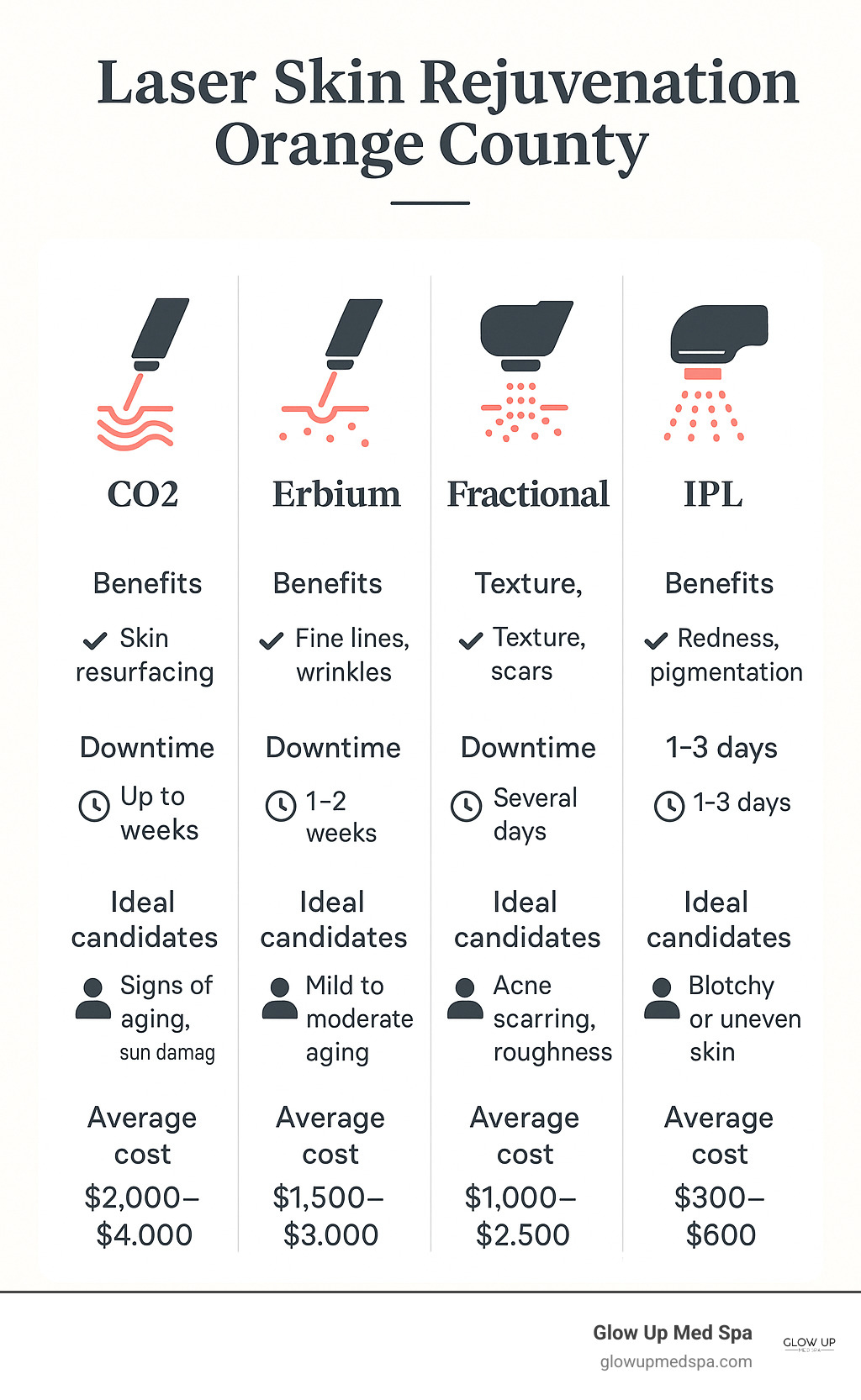 Comparison of laser skin rejuvenation treatments showing different technologies (CO2, Erbium, Fractional, IPL), their benefits, downtime periods, ideal candidates, and average costs in Orange County - laser skin rejuvenation Orange County infographic