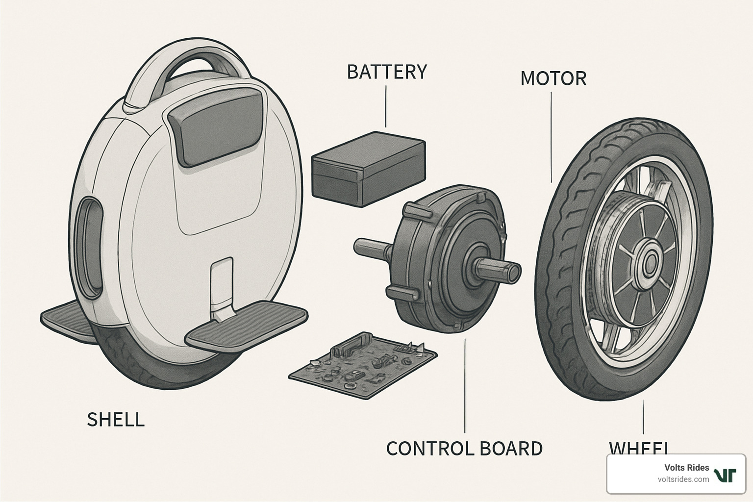 exploded view showing the internal components of a modern electric unicycle - unicycle for sale