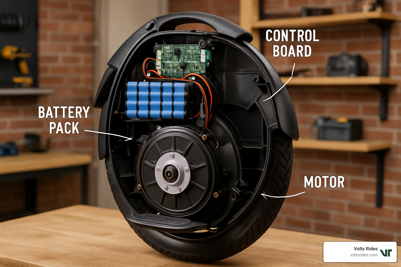 electric unicycle components showing motor, battery, and control board - unicycle for sale
