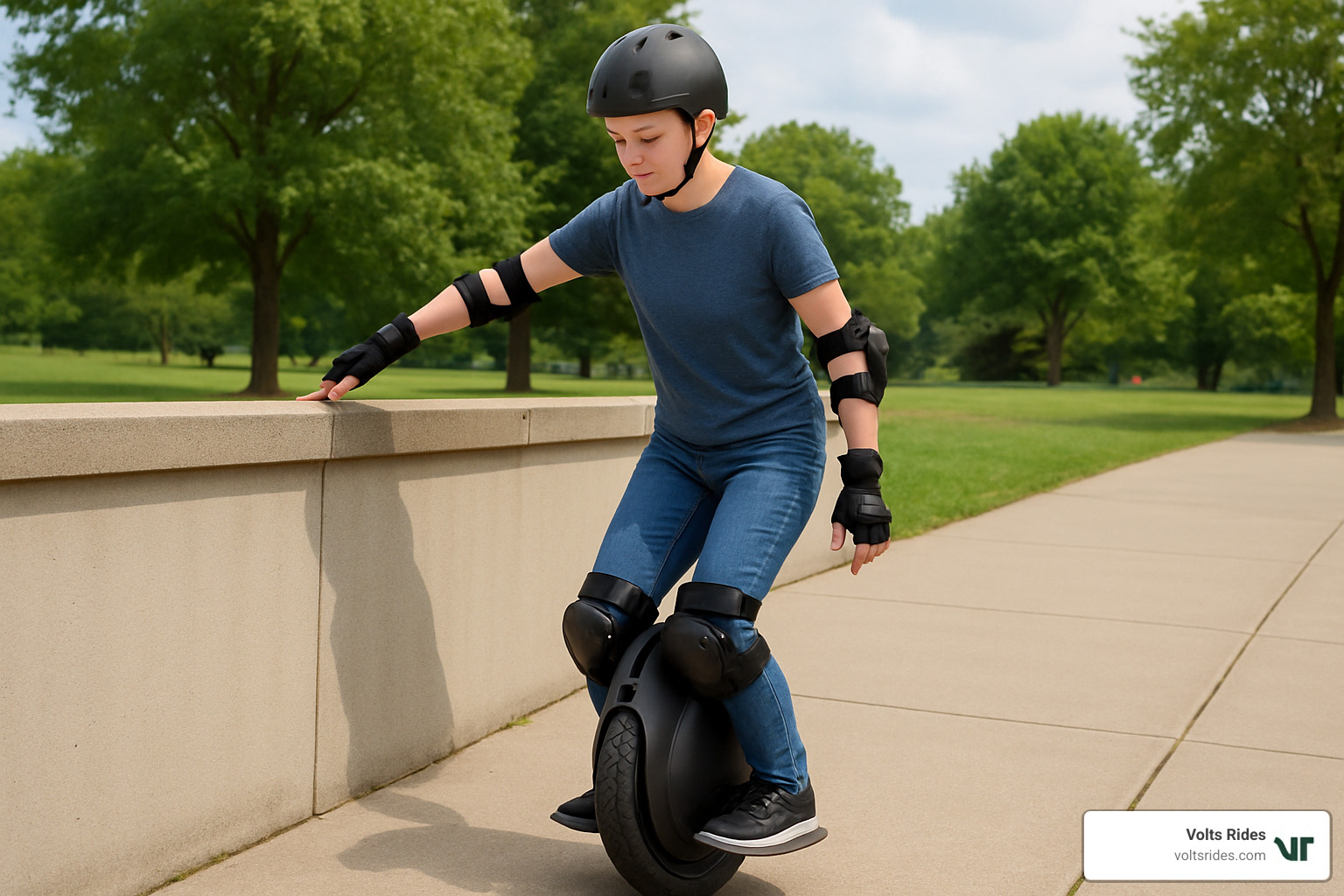 Person learning to ride an electric unicycle with proper safety gear and support - electric unicycle for sale