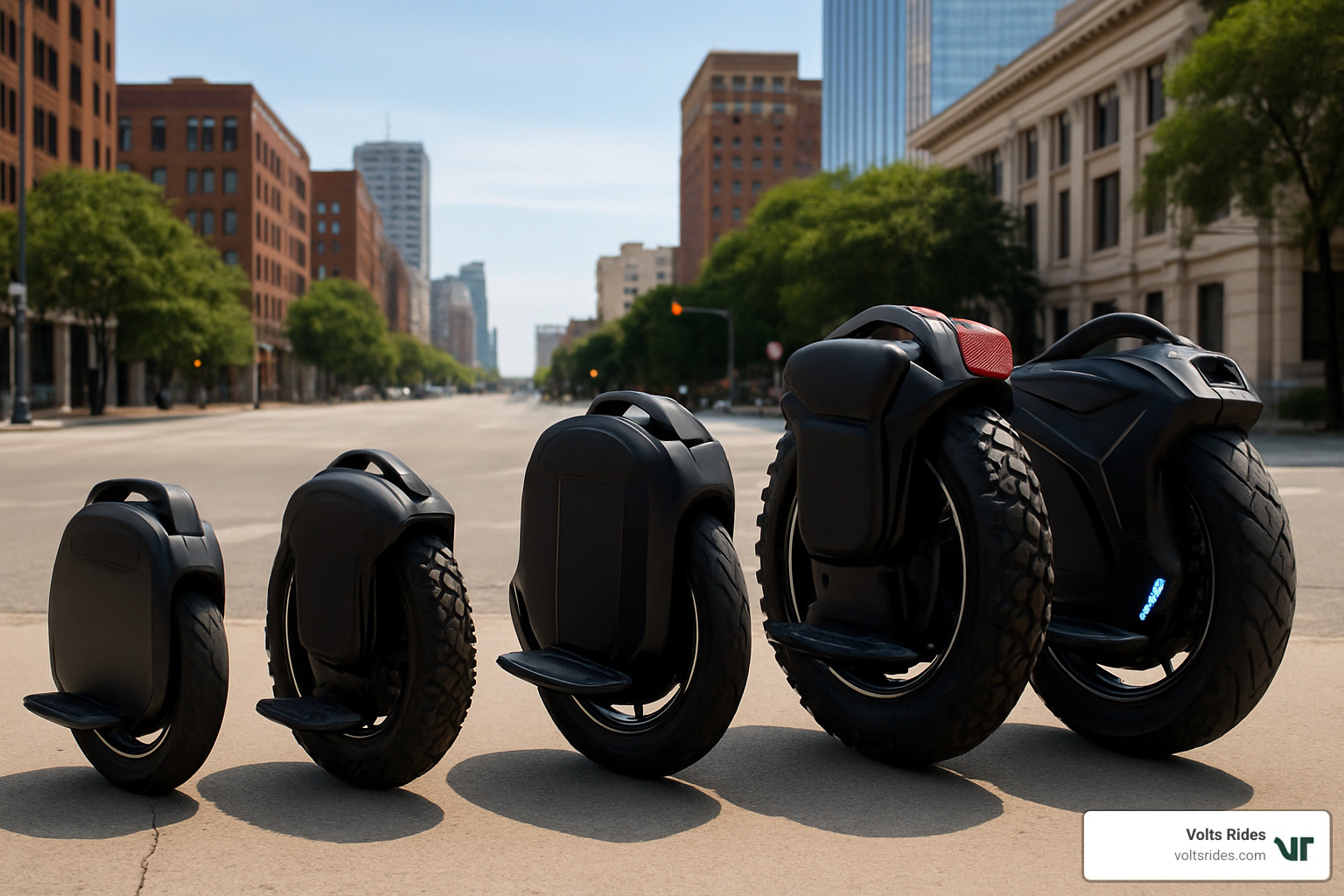 Various electric unicycles showing different wheel sizes and designs for urban, off-road, and high-performance use - electric unicycle for sale