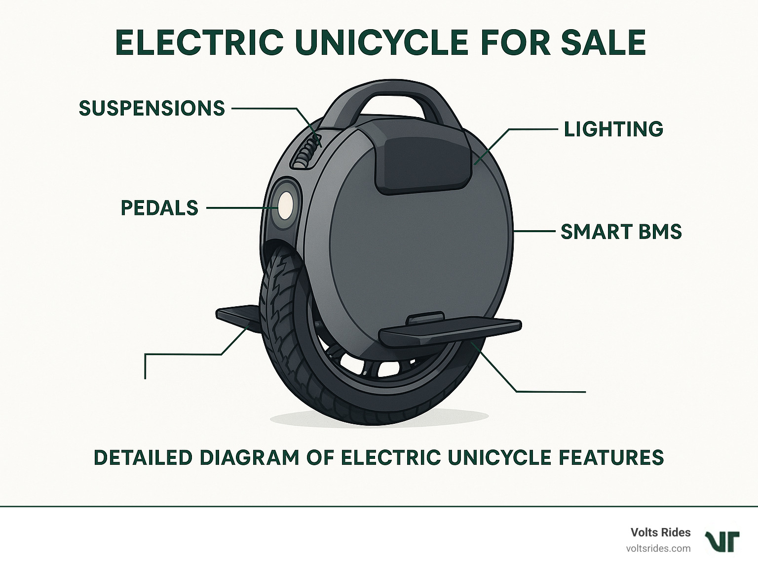 Detailed diagram of electric unicycle features including suspension, pedals, lighting, and battery management system - electric unicycle for sale infographic 