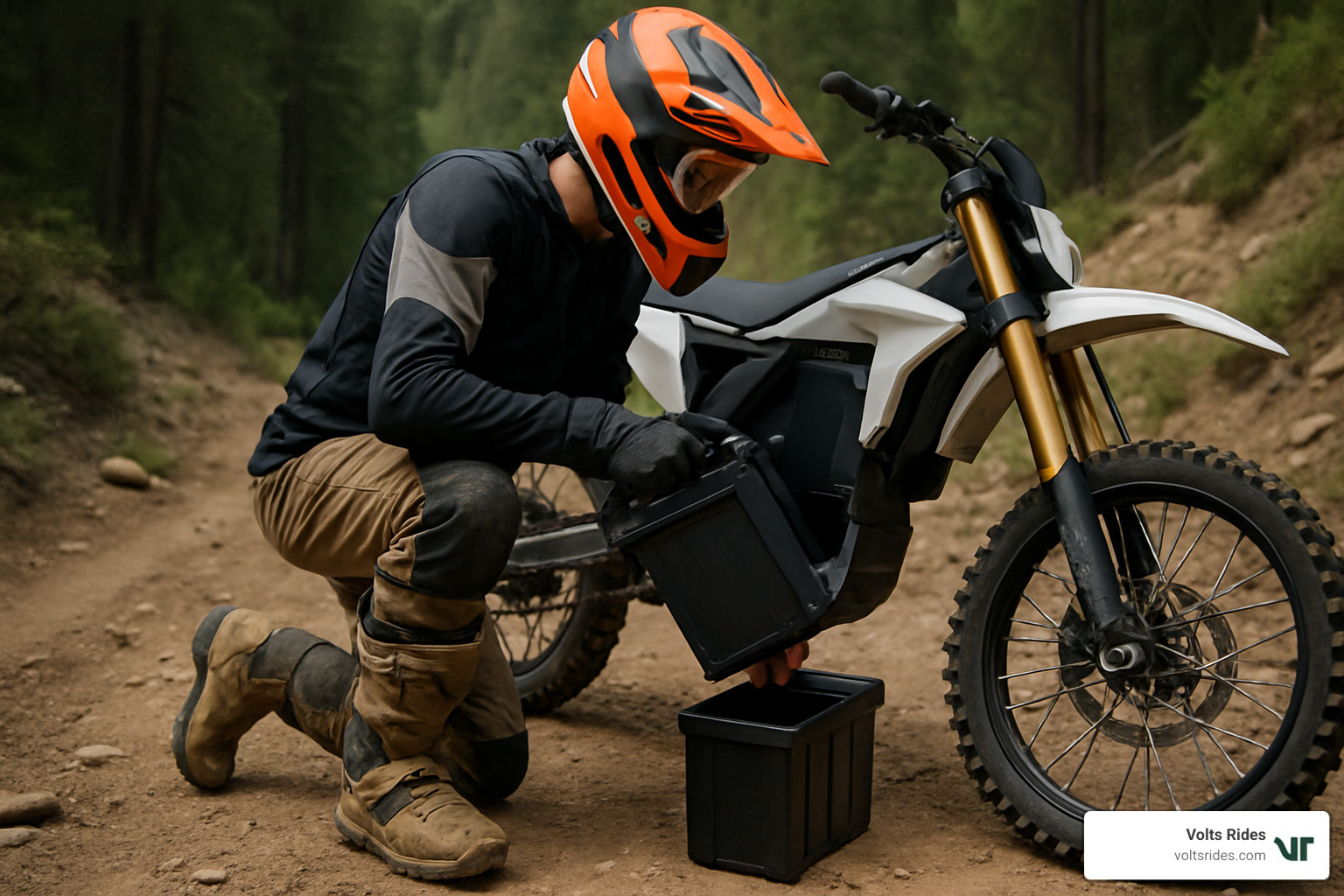 rider swapping battery on trail - electric dirt bike