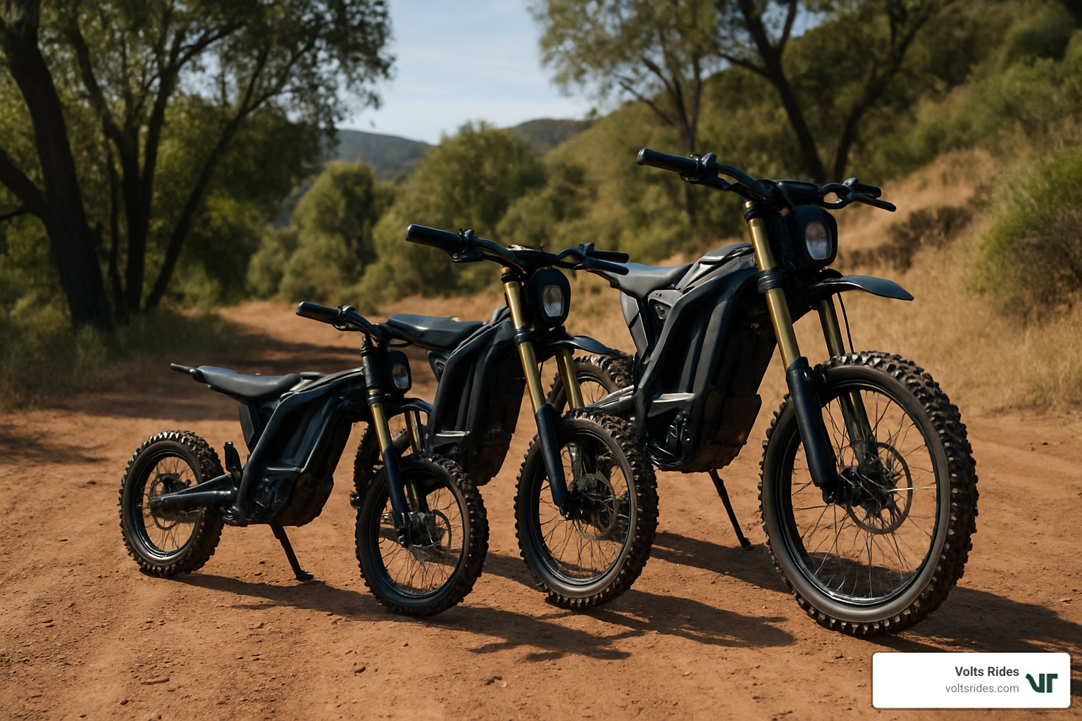 three different sized electric dirt bikes lined up - electric dirt bike