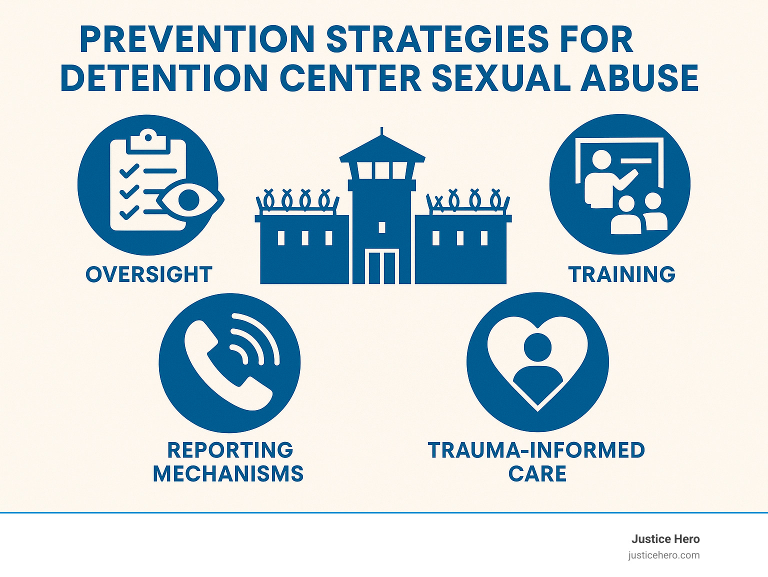 Framework showing prevention strategies for detention center sexual abuse including oversight, training, reporting mechanisms, and trauma-informed care - detention center sex abuse infographic Framework showing prevention strategies for detention center sexual abuse including oversight, training, reporting mechanisms, and trauma-informed care - detention center sex abuse infographic