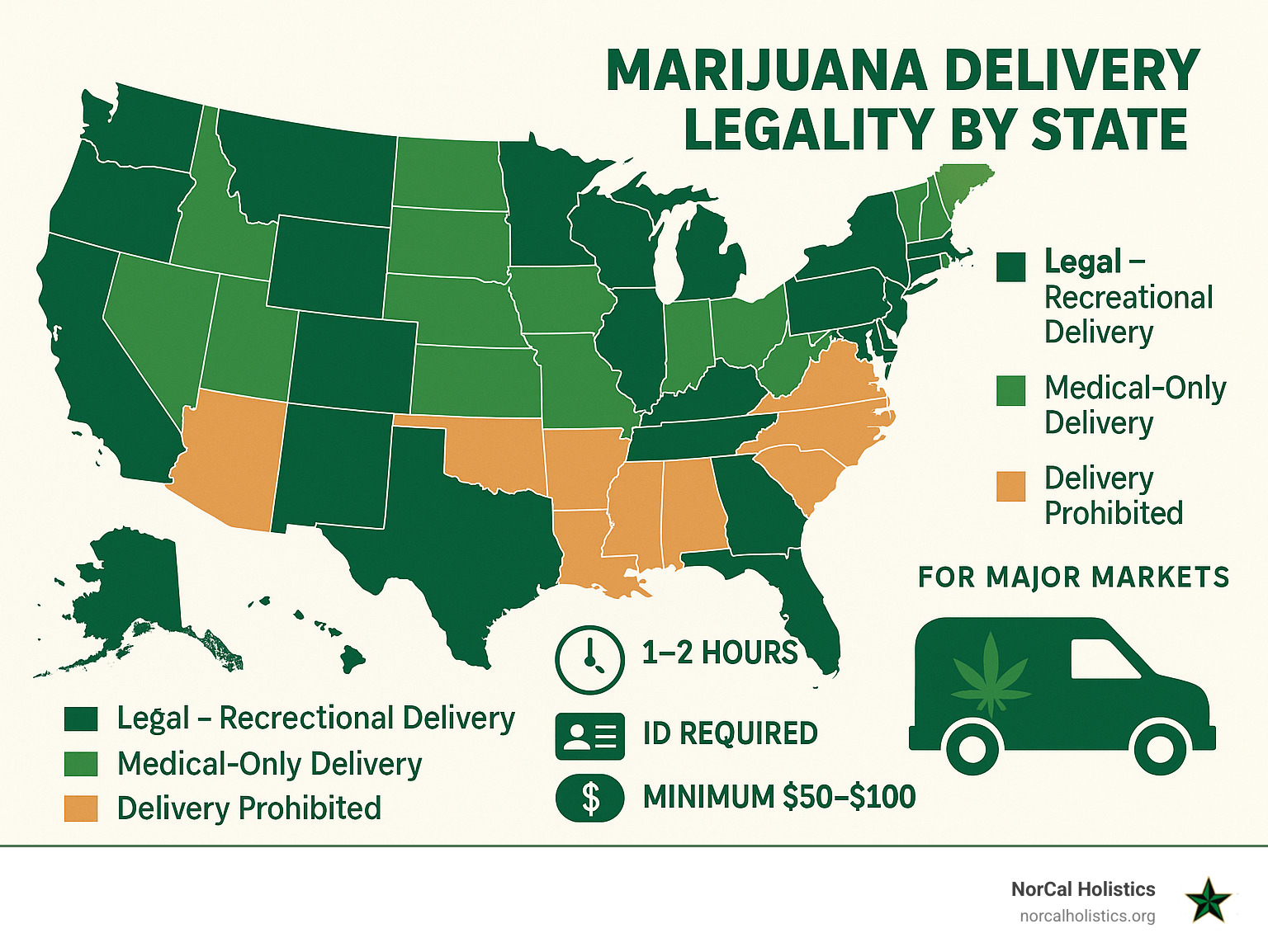 Map of United States showing marijuana delivery legality by state, with color-coding for legal recreational delivery, medical-only delivery, and states where delivery is prohibited. Features delivery time estimates, ID requirements, and average delivery minimums for major markets. - marijuana delivery near me infographic 