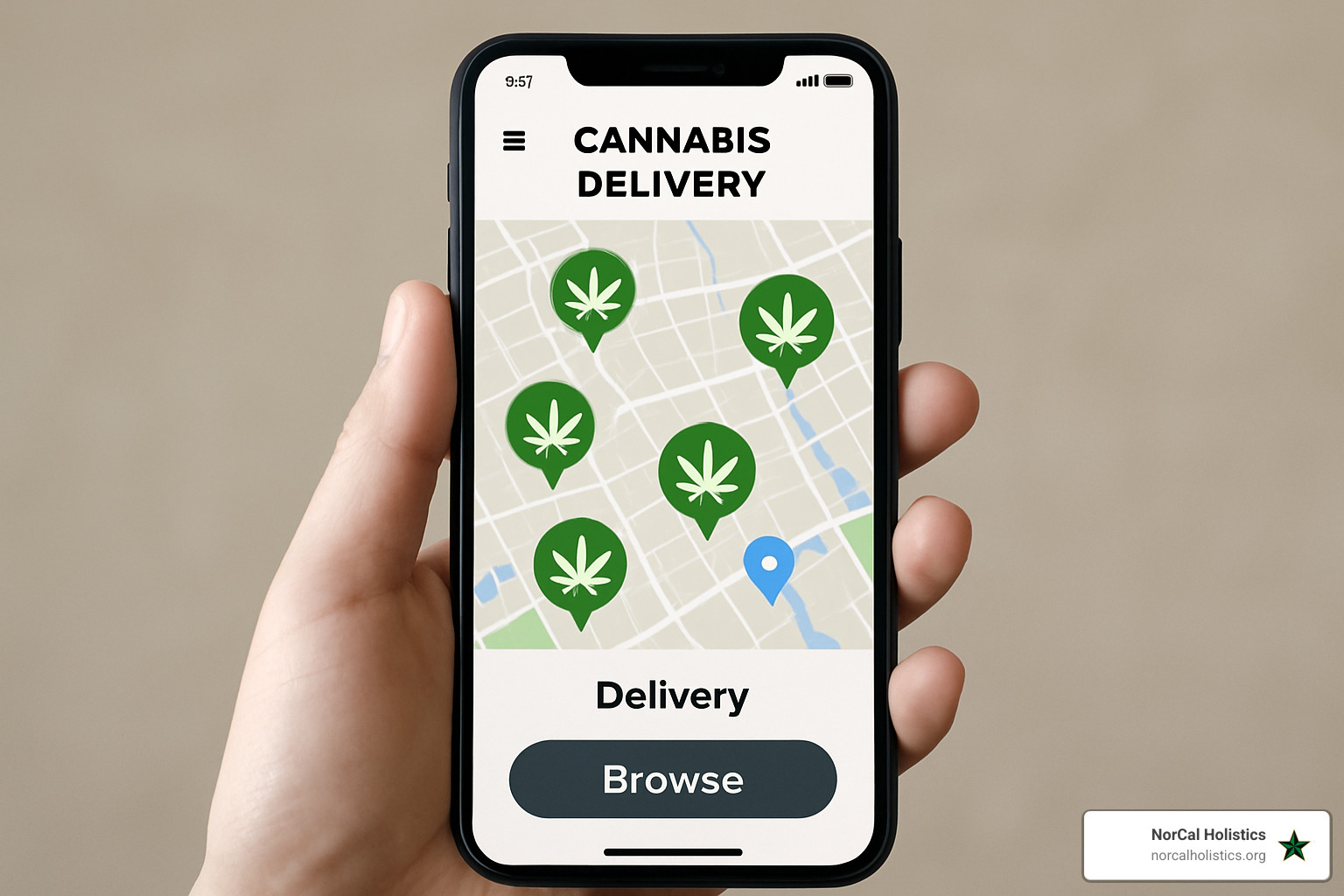 smartphone displaying cannabis delivery app map - marijuana delivery near me