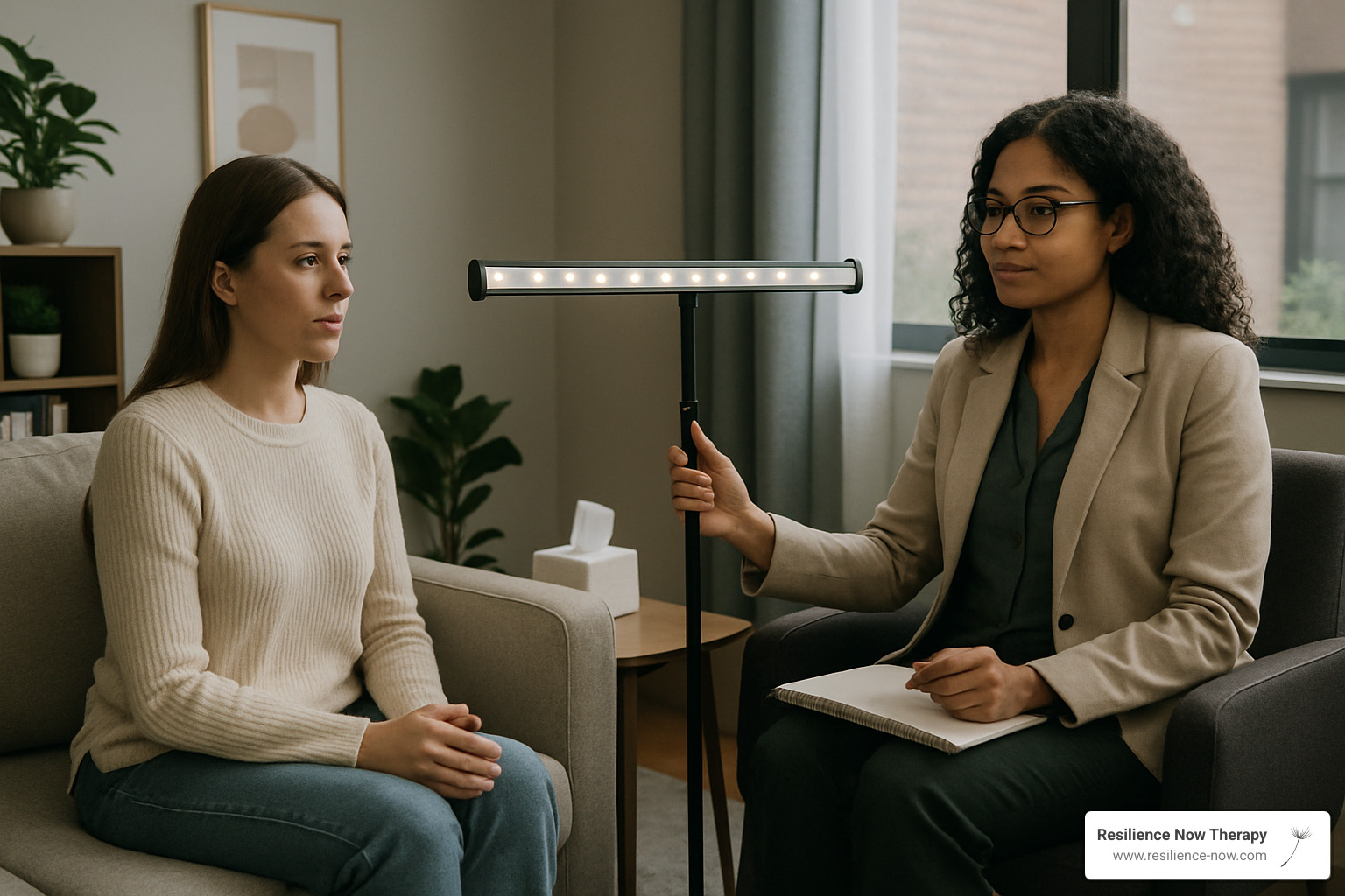 woman in therapy session with EMDR therapist using light bar for bilateral stimulation - emdr treatment for trauma