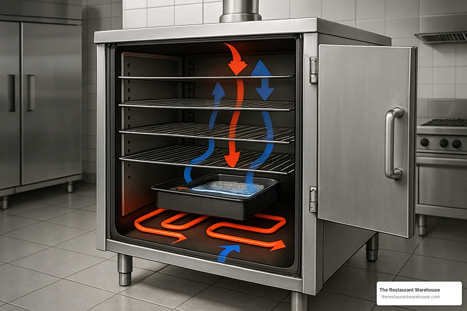 Commercial smoker oven interior showing heating elements, wood chip box, water pan, and airflow design - commercial smoker oven
