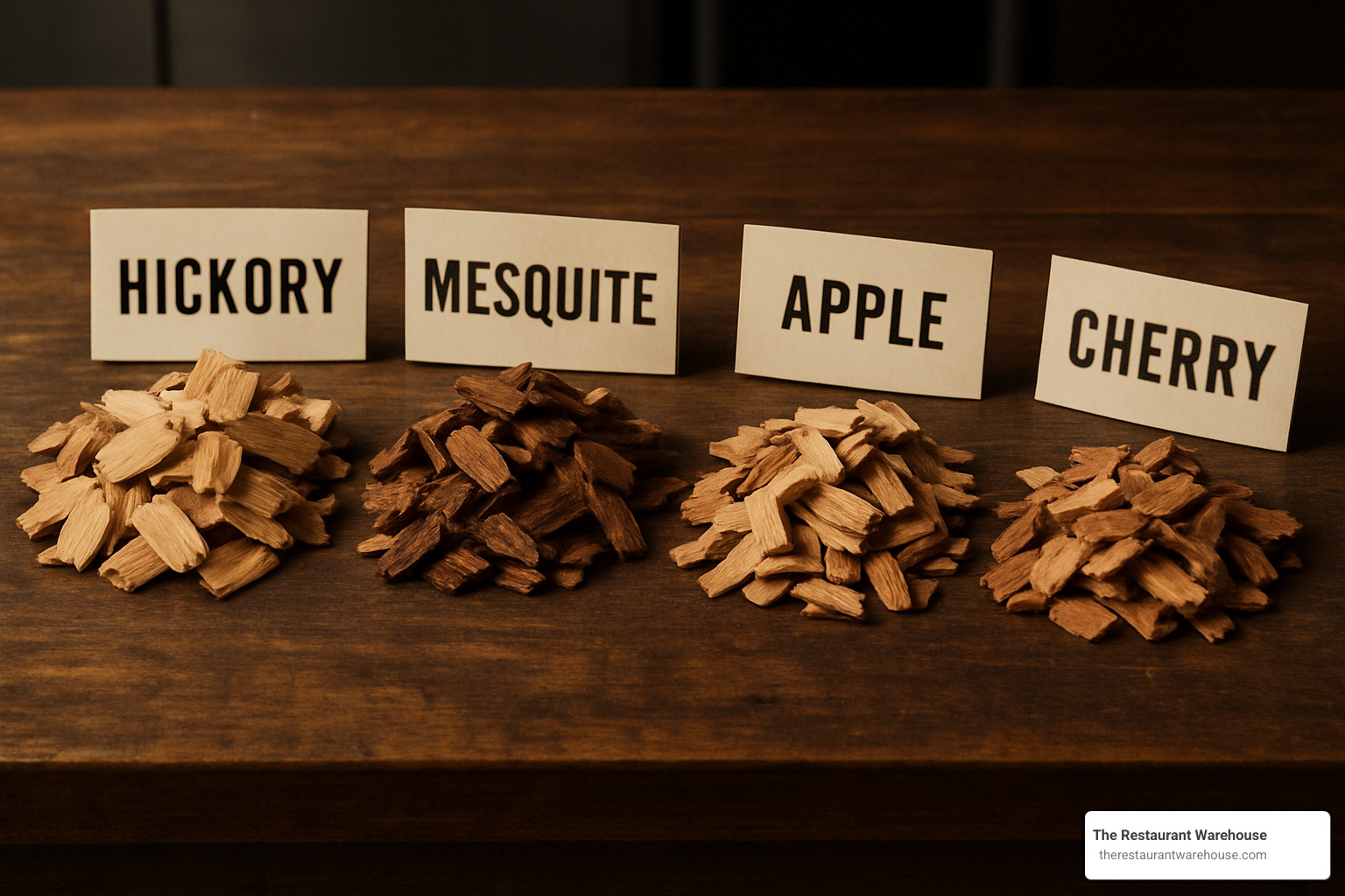 Different types of wood chips used in commercial smoker ovens showing hickory, mesquite, apple, and cherry varieties - commercial smoker oven