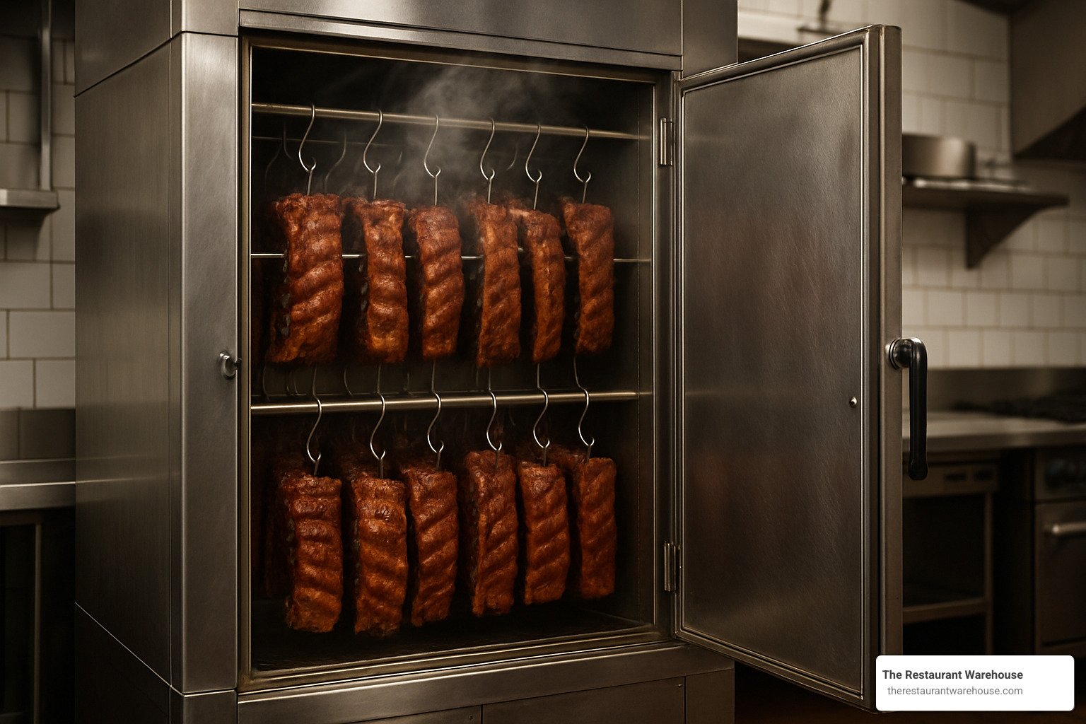 Vertical Chinese-style smokehouse loaded with hanging ribs - commercial smoker oven