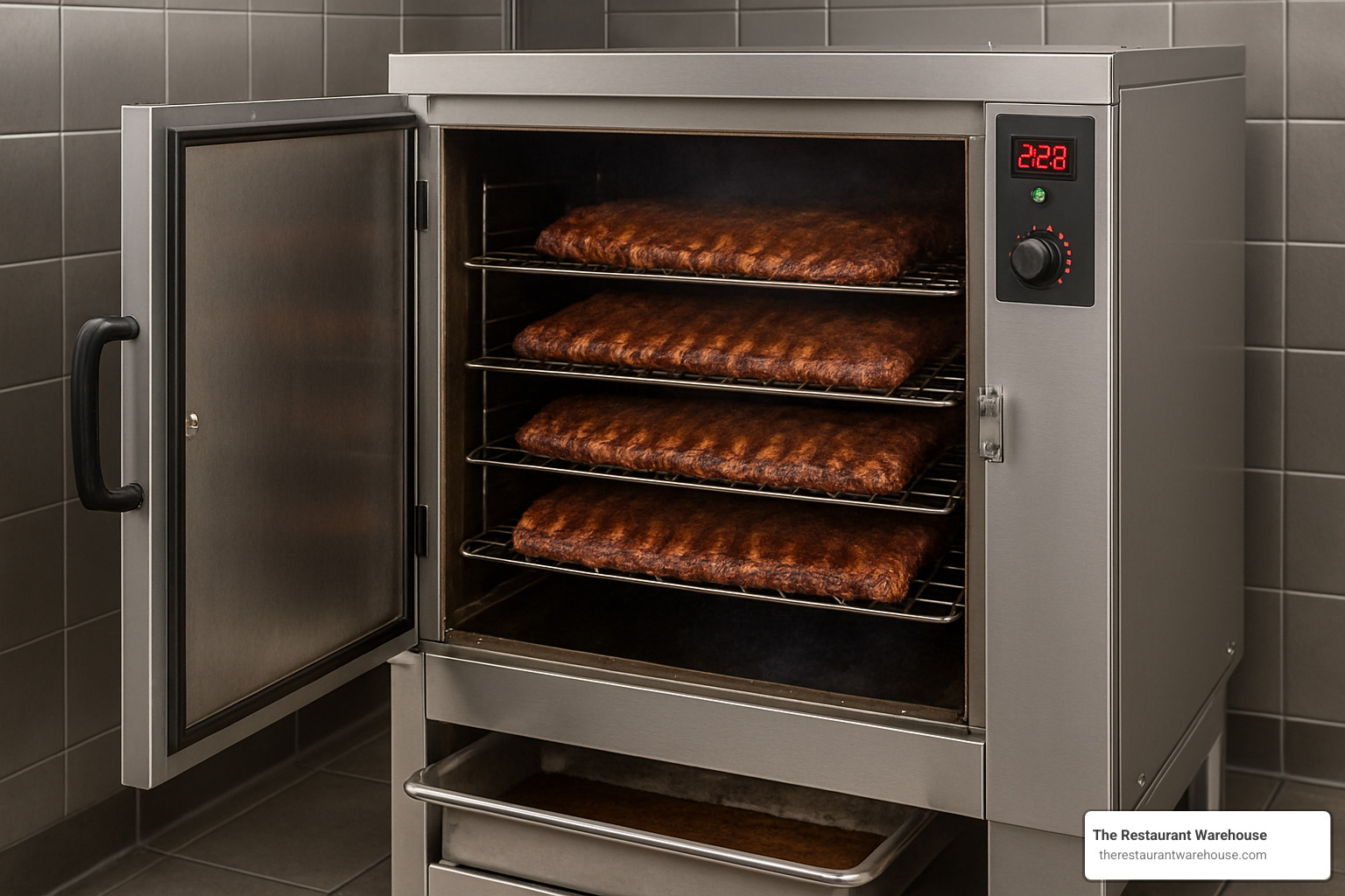Commercial smoker oven installed under a Type I hood in a restaurant kitchen - commercial smoker oven