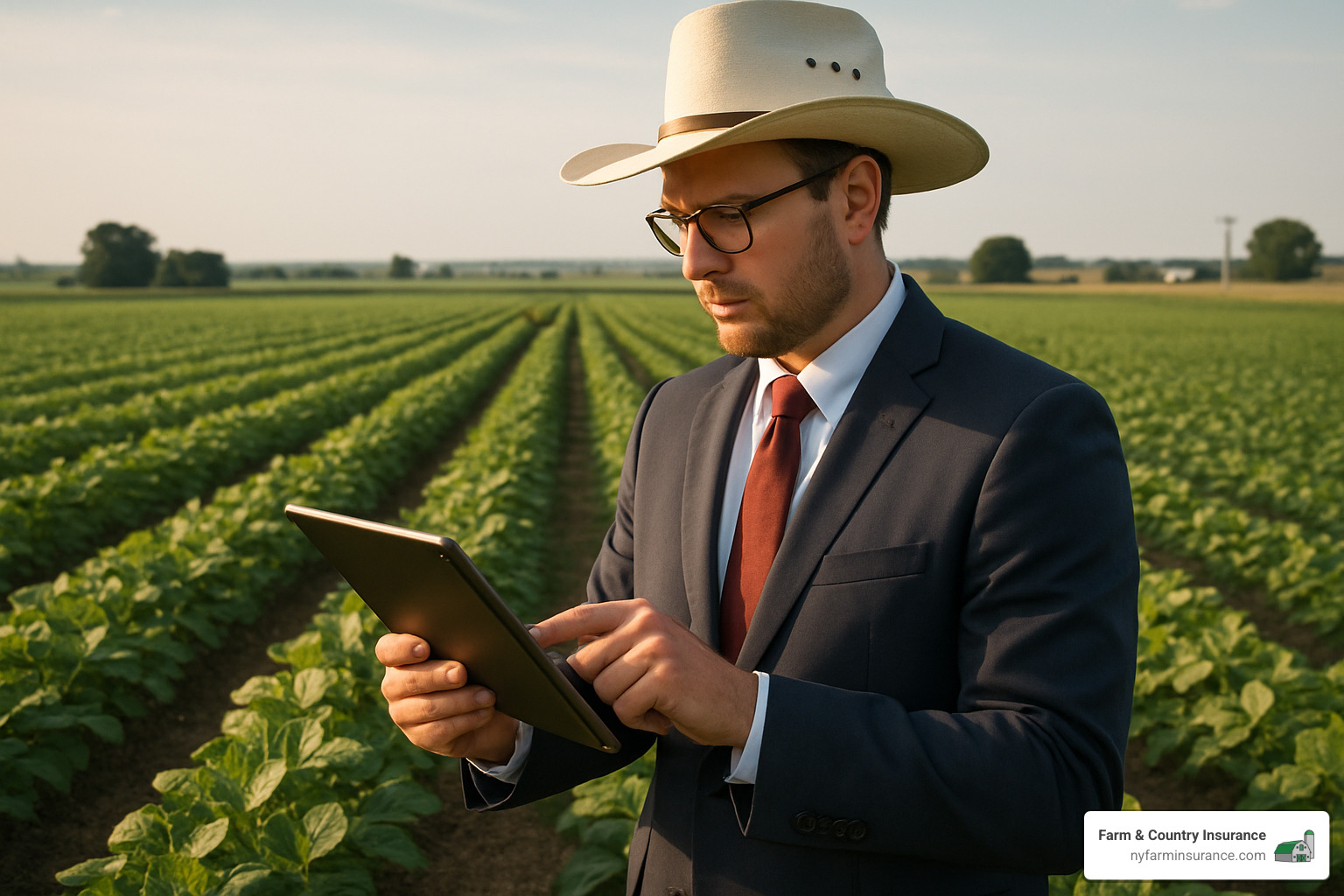 Crop insurance specialist reviewing farm data - crop insurance certification Crop insurance specialist reviewing farm data - crop insurance certification