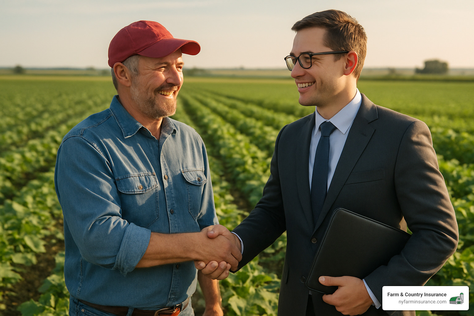 Farmer and crop insurance agent shaking hands in field - crop insurance certification Farmer and crop insurance agent shaking hands in field - crop insurance certification