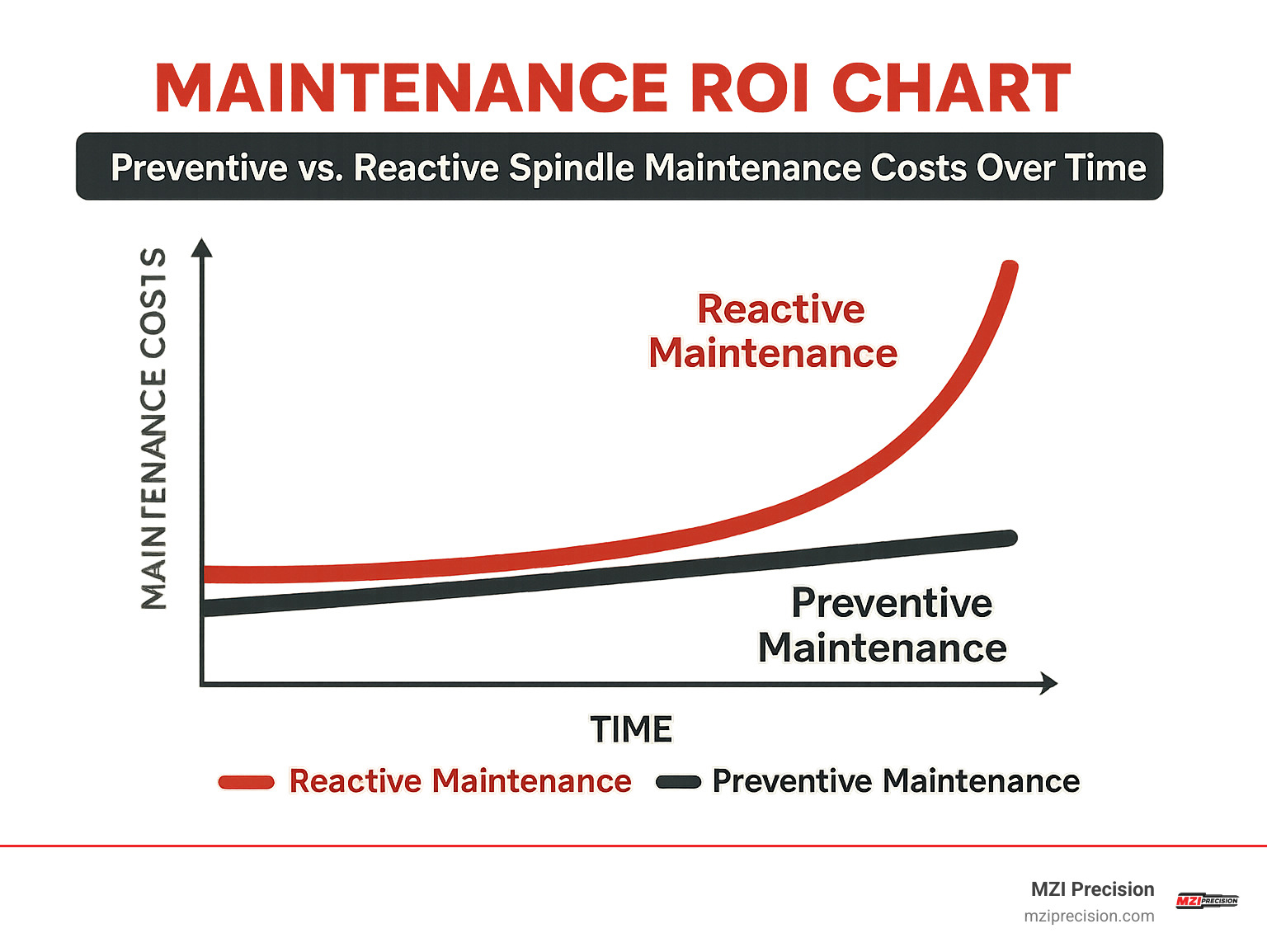 Maintenance ROI chart showing preventive vs. reactive spindle maintenance costs over time - cnc double spindle machine infographic 