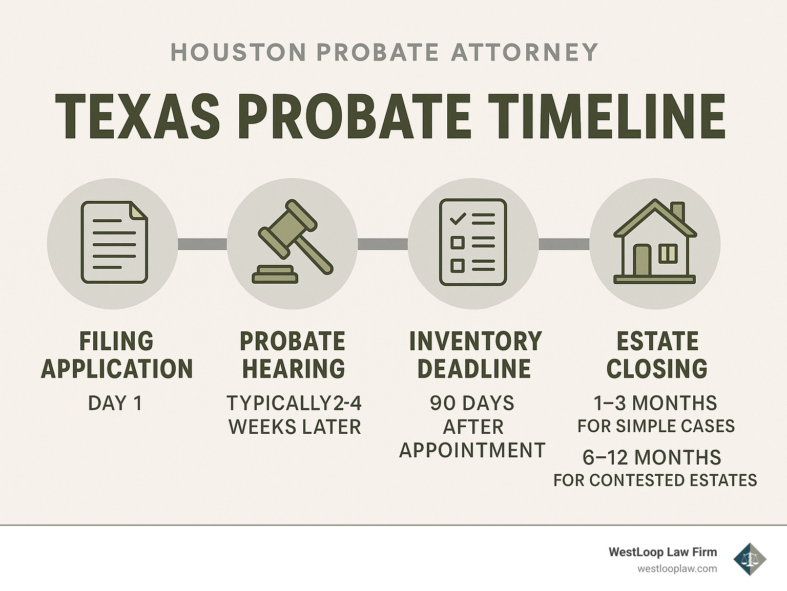 Infographic showing the Texas probate timeline with key milestones: filing application (day 1), probate hearing (typically 2-4 weeks later), inventory deadline (90 days after appointment), and estate closing (1-3 months for simple cases, 6-12 months for contested estates) - Houston probate attorney infographic 