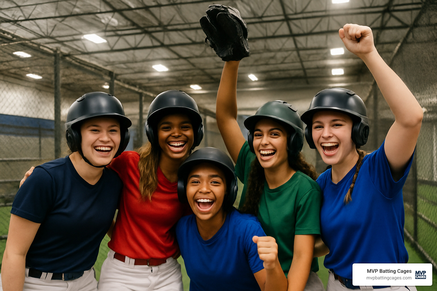 happy softball players in batting cage - indoor softball batting cages