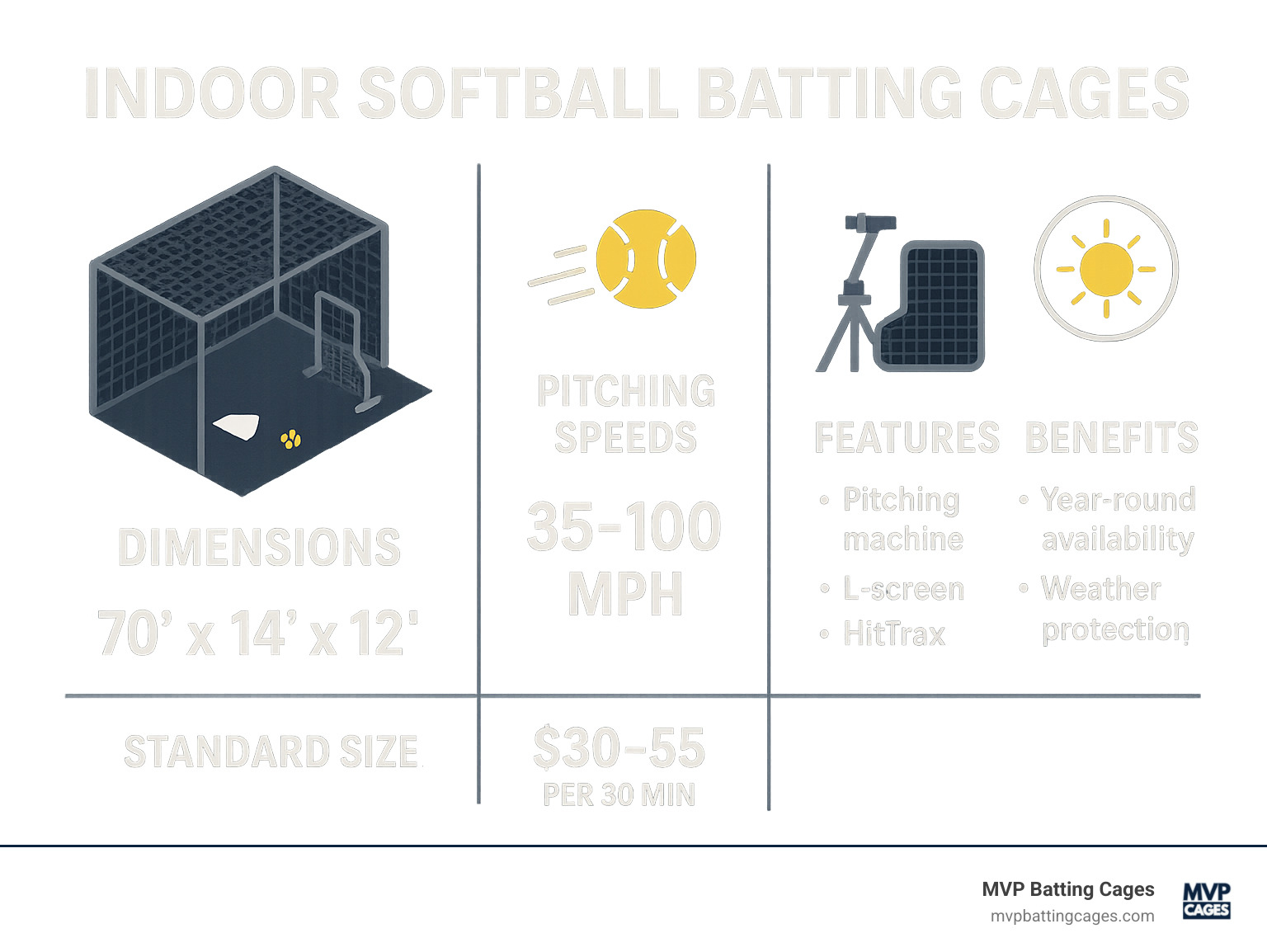 Comparison of indoor softball batting cages showing dimensions, features, and benefits including year-round availability, weather protection, and technology integration - indoor softball batting cages infographic 