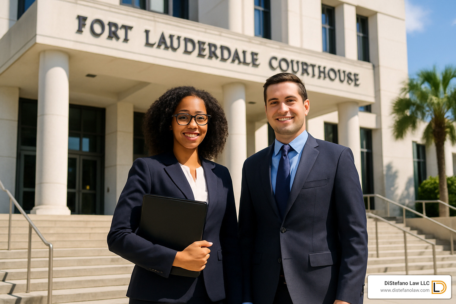 Fort Lauderdale courthouse steps with attorney and client - Fort Lauderdale catastrophic injury lawyer