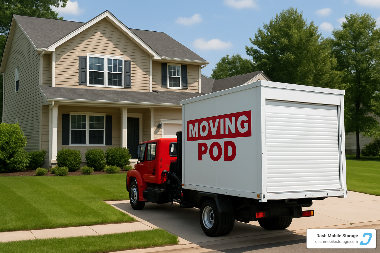 moving pod being delivered to a residential driveway - moving pod