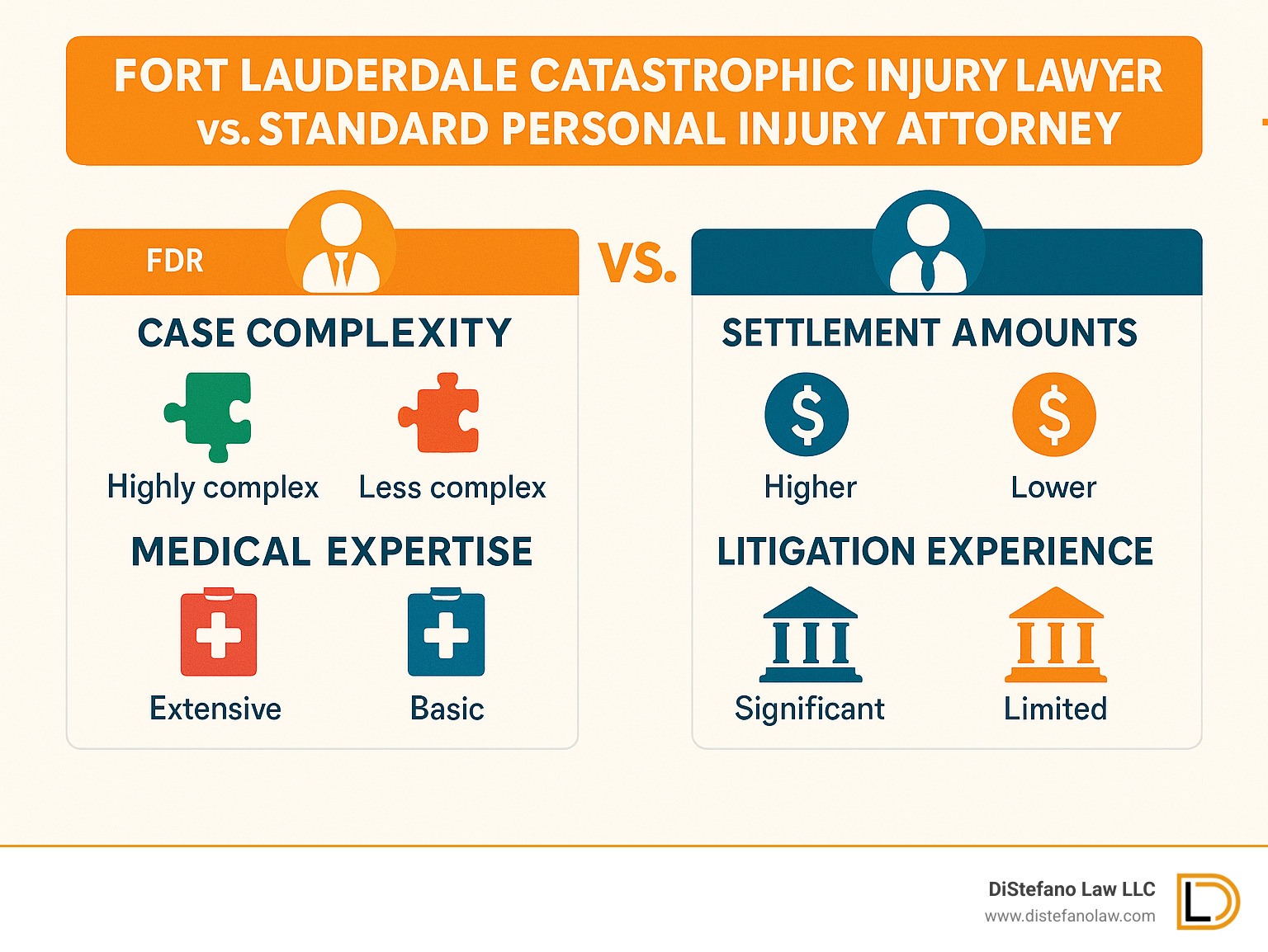 Comparison chart showing differences between standard personal injury attorneys and catastrophic injury specialists in terms of case complexity, settlement amounts, medical expertise, and litigation experience - Fort Lauderdale catastrophic injury lawyer infographic 
