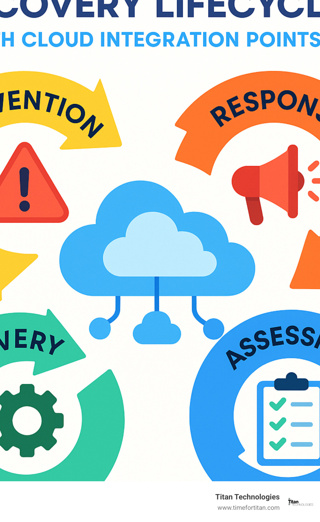 Disaster recovery lifecycle showing prevention, response, assessment and recovery phases with cloud integration points - cloud computing and disaster recovery infographic 