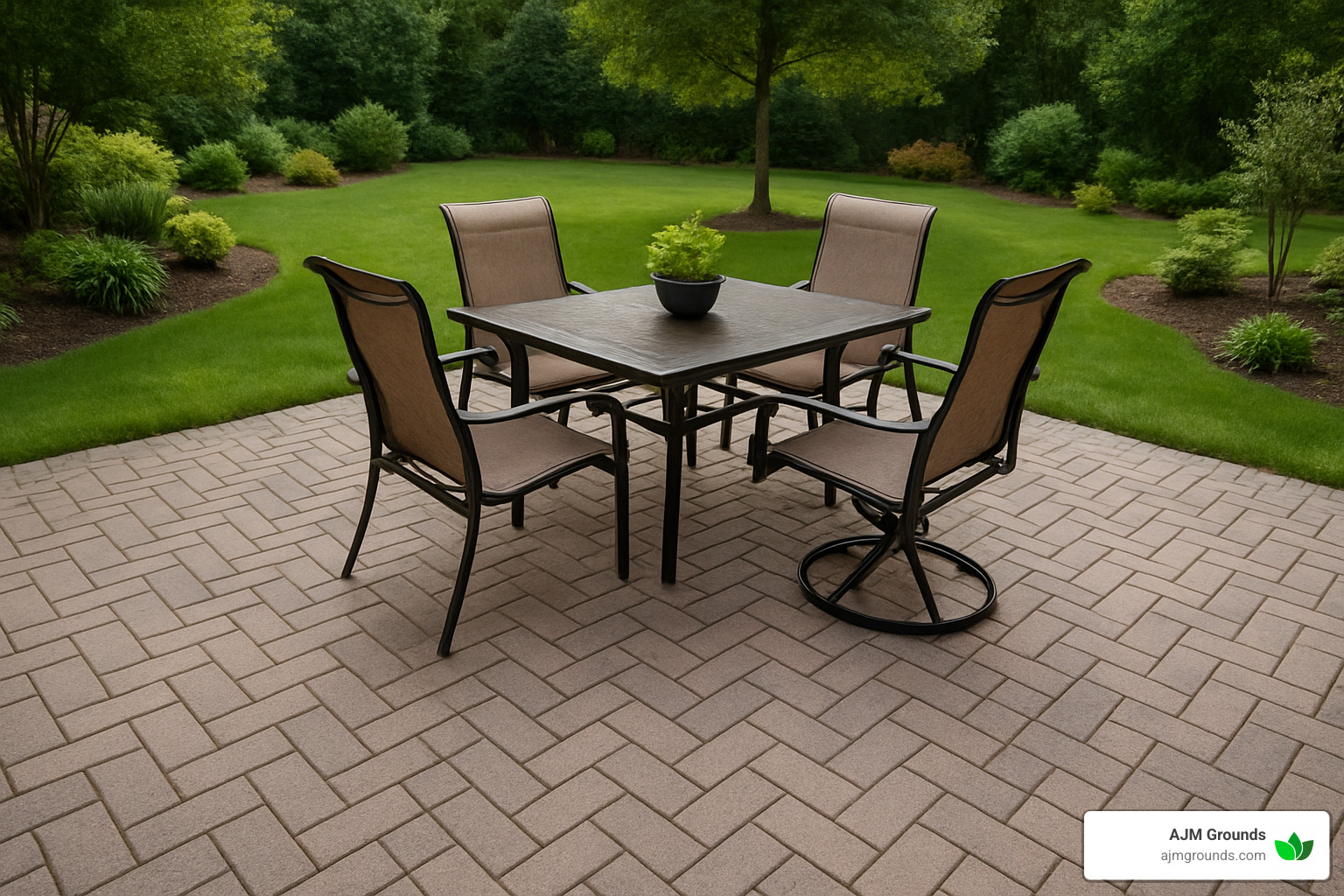 Finished herringbone pattern paver patio with outdoor furniture - paver patio contractors near me
