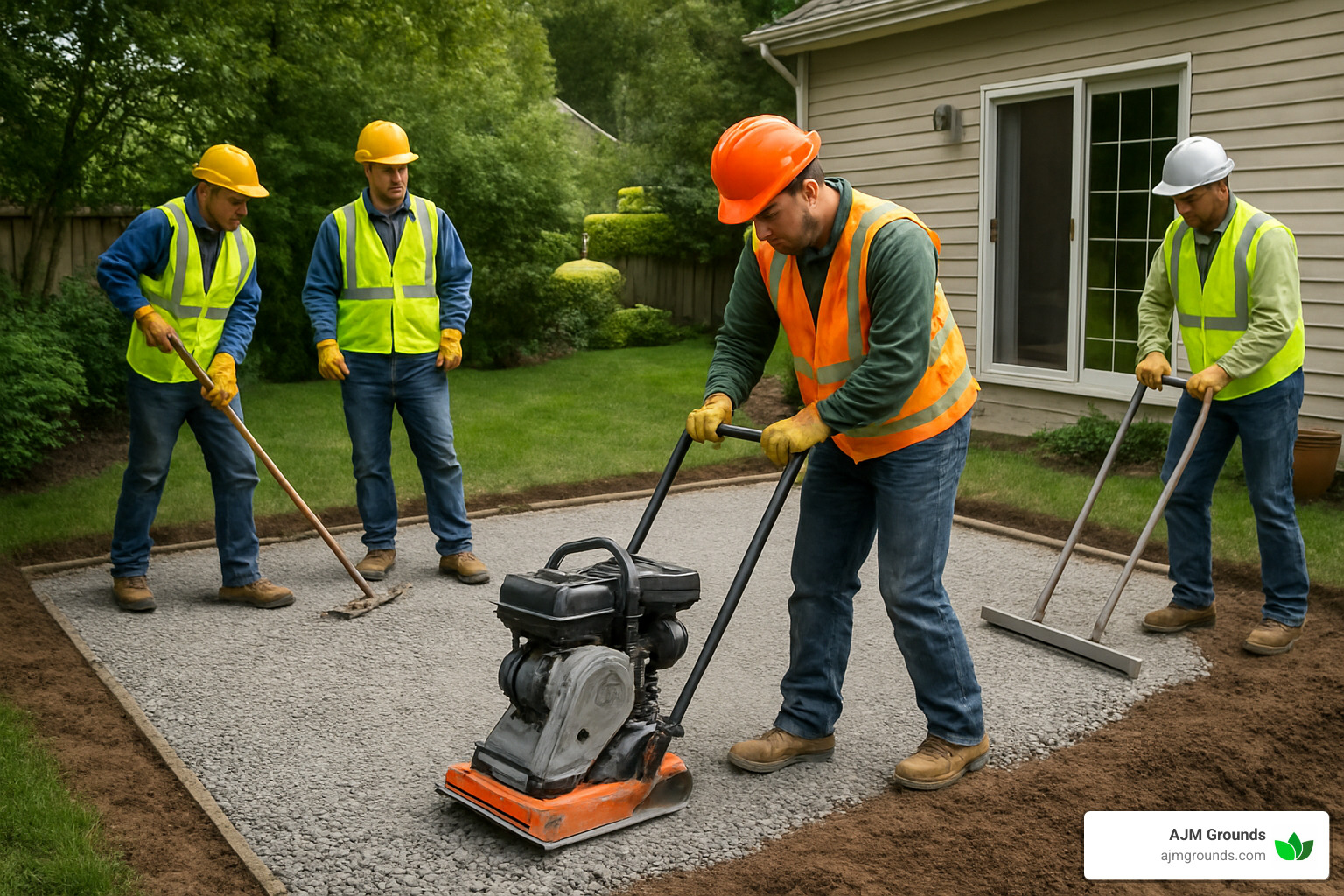 Crew properly compacting paver patio base - paver patio contractors near me